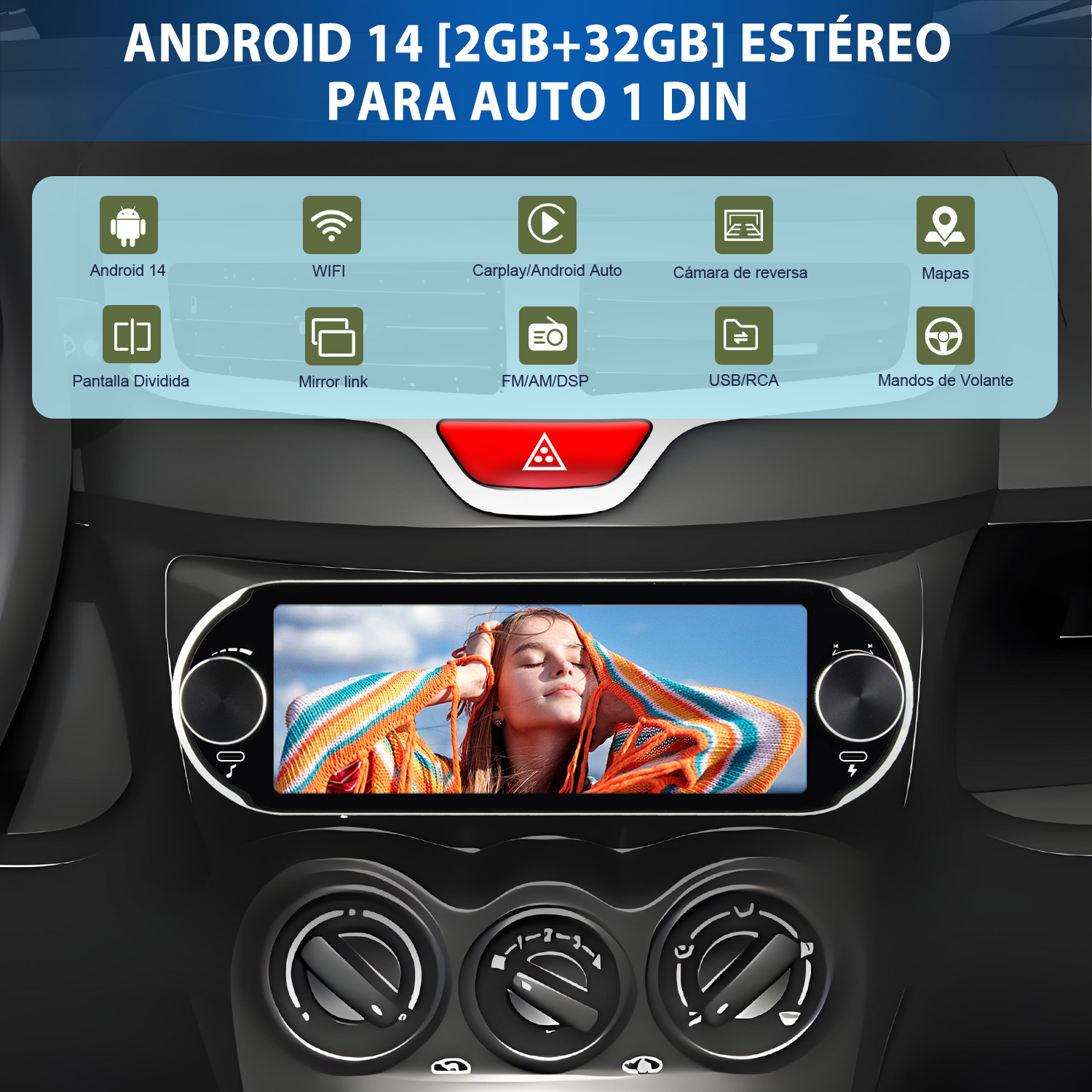 Pantalla de radio de coche mostrando a una mujer joven, con iconos de varias aplicaciones y controles.