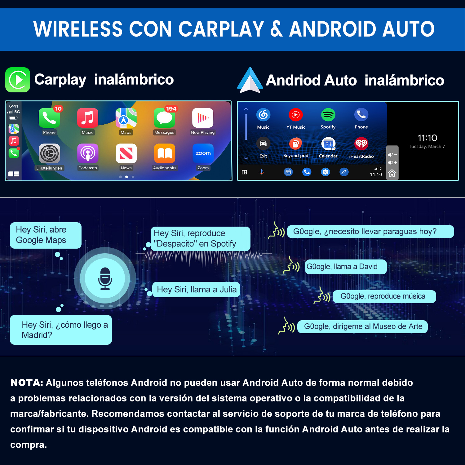Dos pantallas de coche mostrando interfaces inalámbricas CarPlay y Android Auto lado a lado con sus iconos.