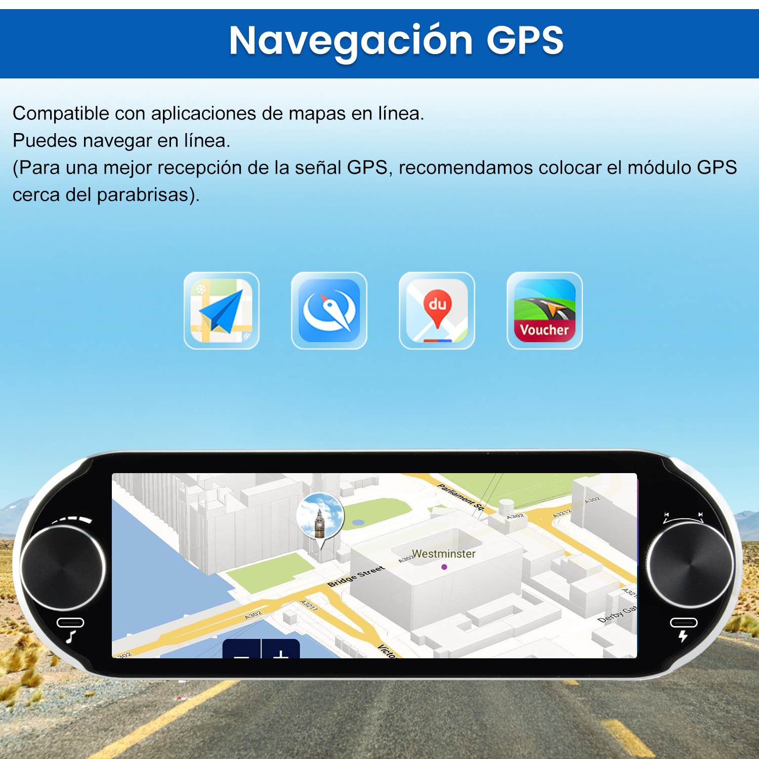 Panel de instrumentos del coche mostrando una pantalla de navegación GPS con un mapa e iconos.
