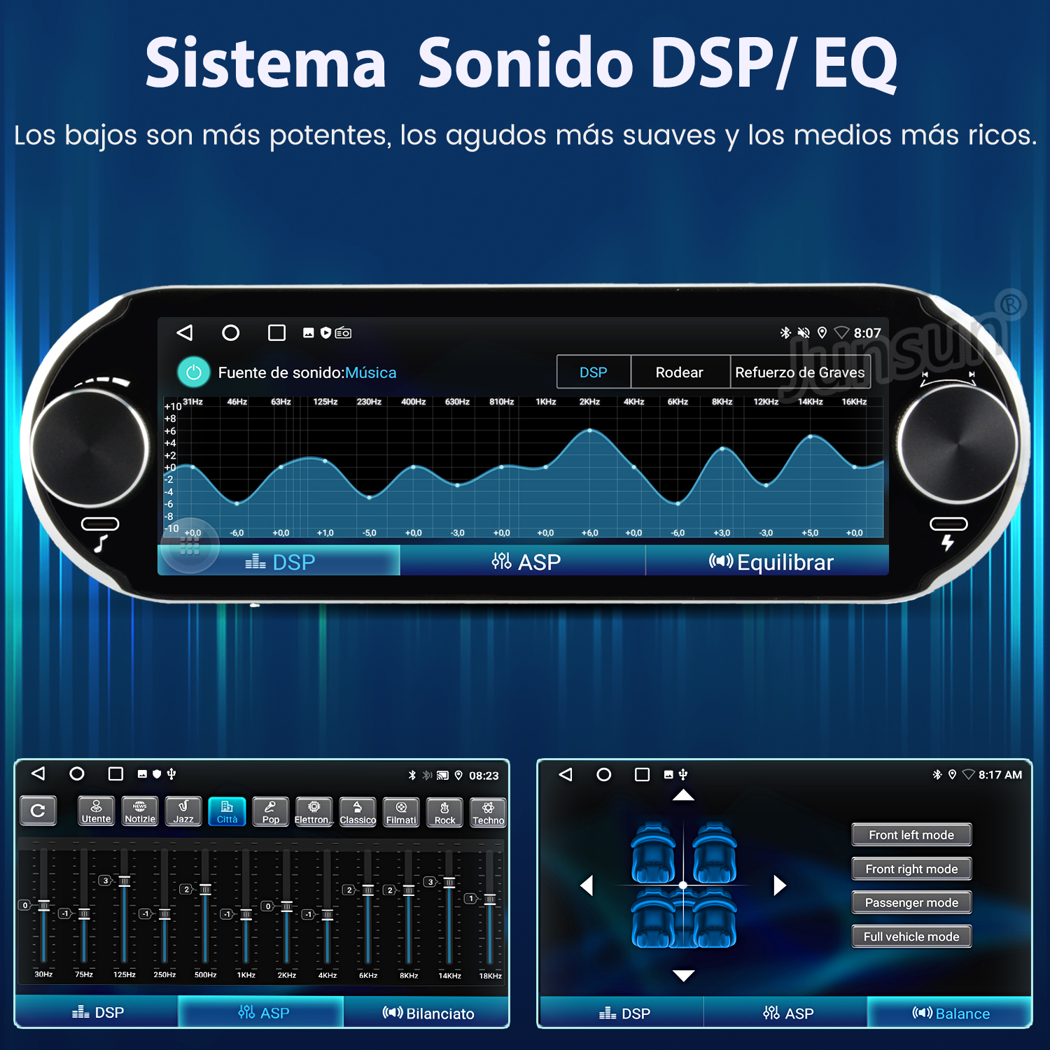 Interfaz del sistema de audio del coche que muestra la configuración de audio, el ecualizador y las opciones de DSP. La pantalla es negra.