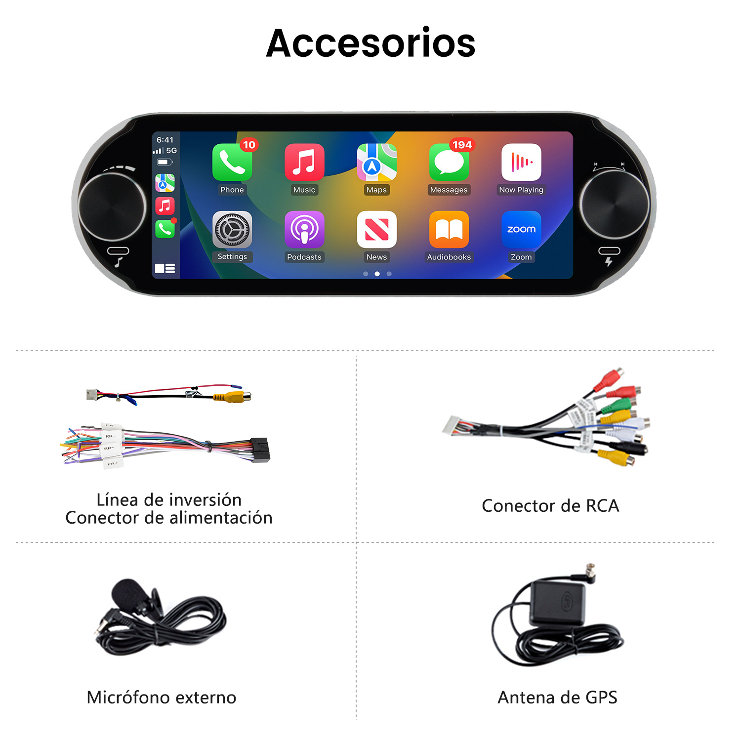 Accesorios de audio para coche, incluyendo mazos de cables, conectores RCA, un micrófono externo y una antena GPS.