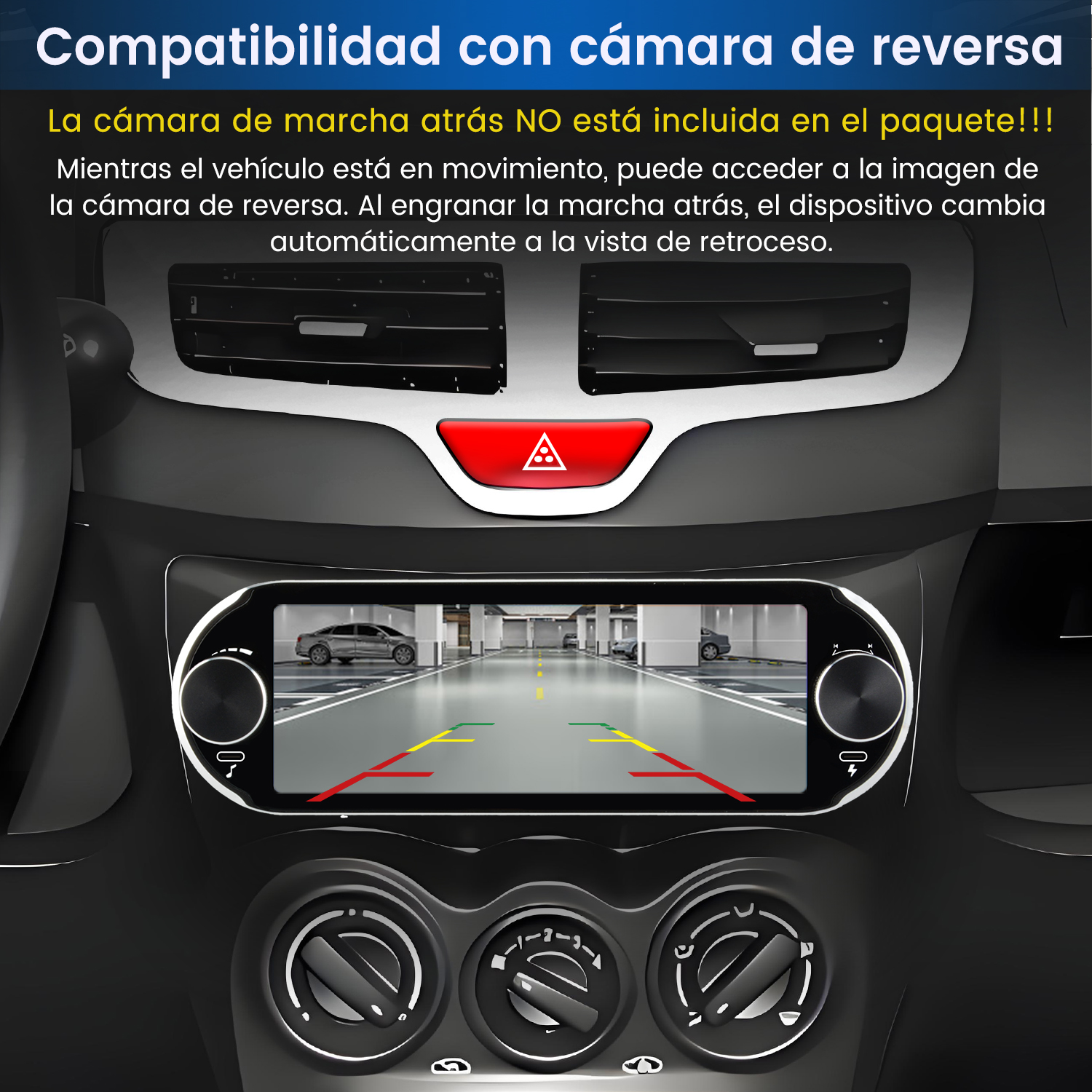 Pantalla del salpicadero del coche que muestra la vista de la cámara de marcha atrás con líneas de aparcamiento.