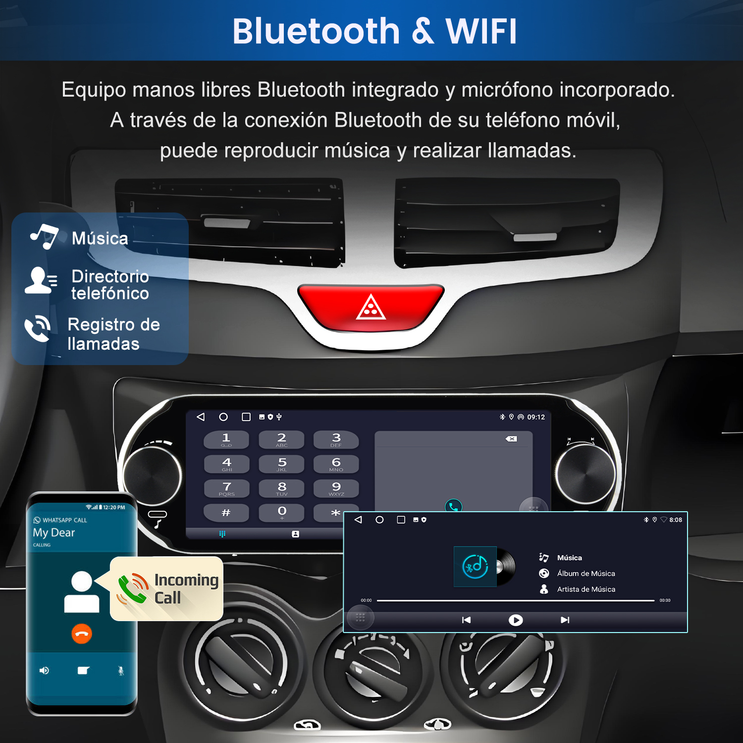 Interfaz del sistema de audio del coche que muestra las funciones Bluetooth y WiFi, incluida la reproducción de música.