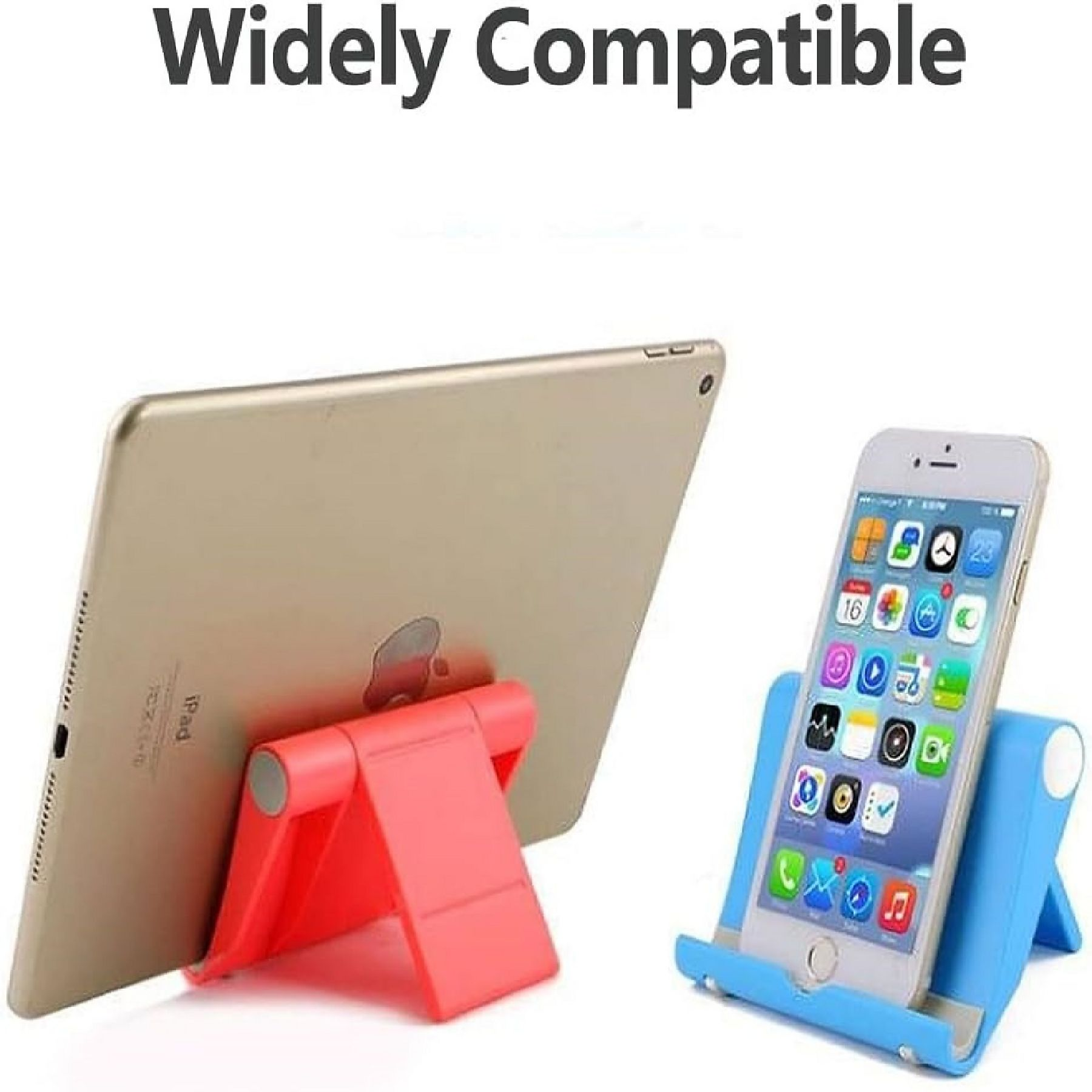 Zwei Telefonhalter, einer rot, einer blau, halten ein Tablet und ein Telefon. Text 'Widely Compatible' oben.