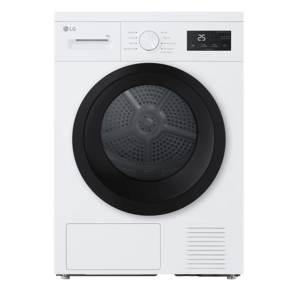 Biała suszarka LG z czarnymi drzwiami, panelem sterowania i przyciskami, odizolowana na czarnym tle.
