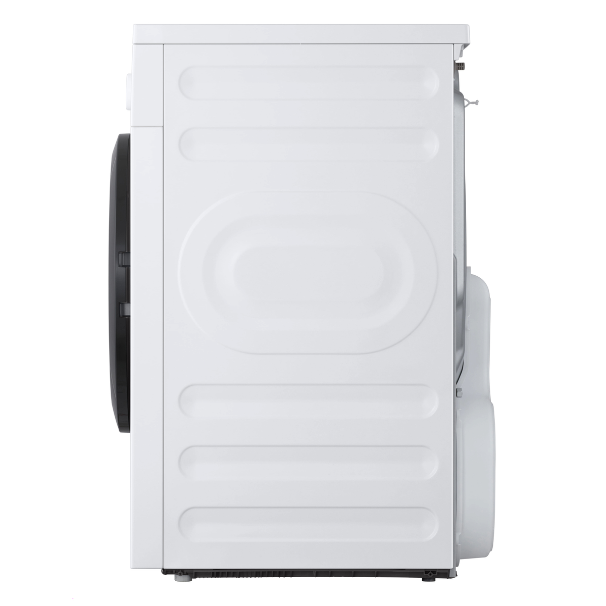 Widok z boku białej suszarki. Czarne drzwi są po lewej stronie. Tylny panel ma zakrzywione linie.