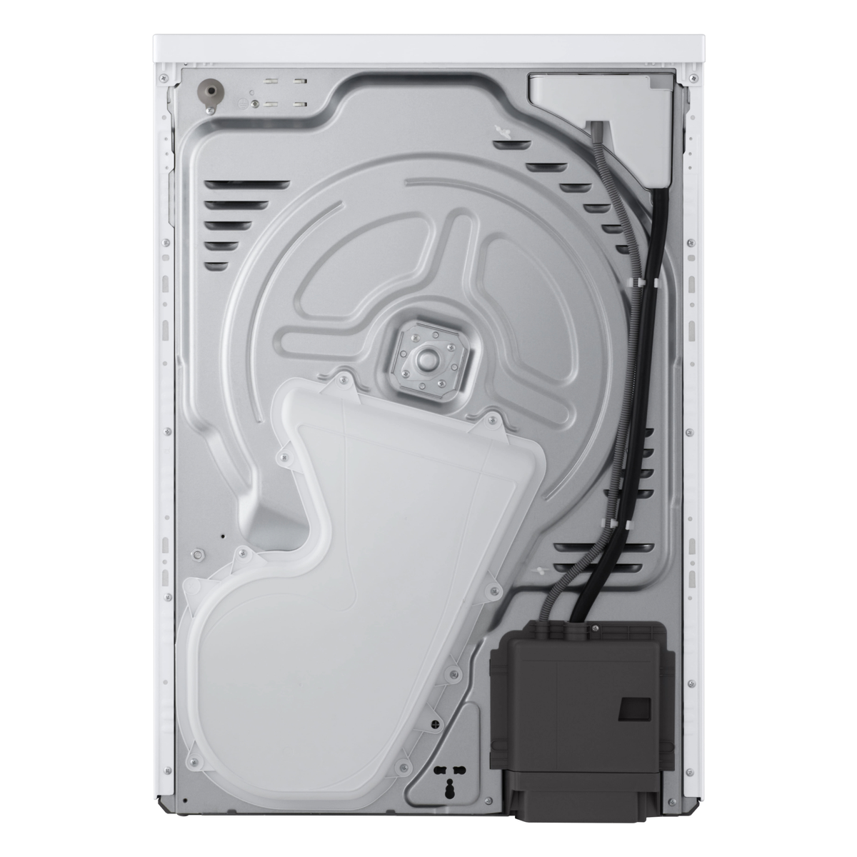 Tył białej suszarki LG, pokazujący elementy wewnętrzne i okablowanie na białym tle.