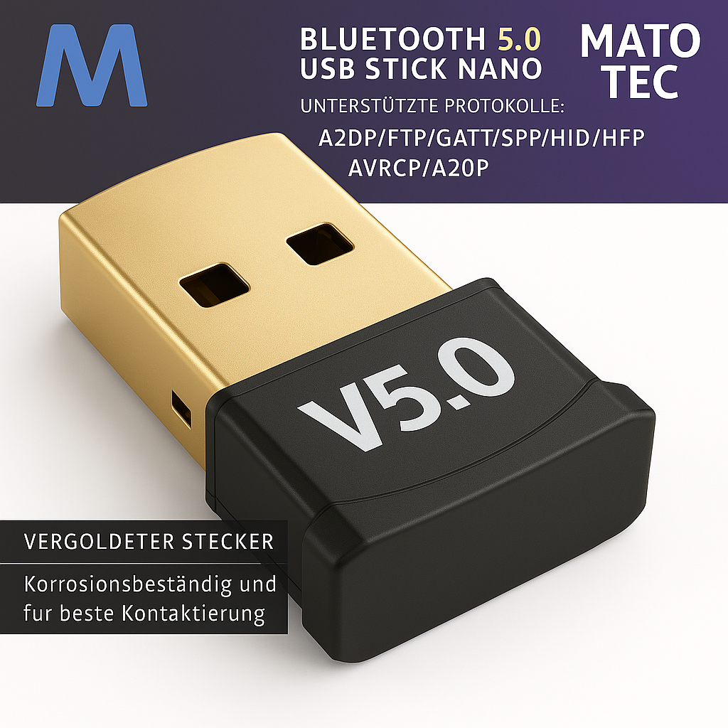 Ein USB-Stick mit goldfarbenem Stecker und schwarzem V5.0-Etikett, mit Text und Logo auf blauem Hintergrund.