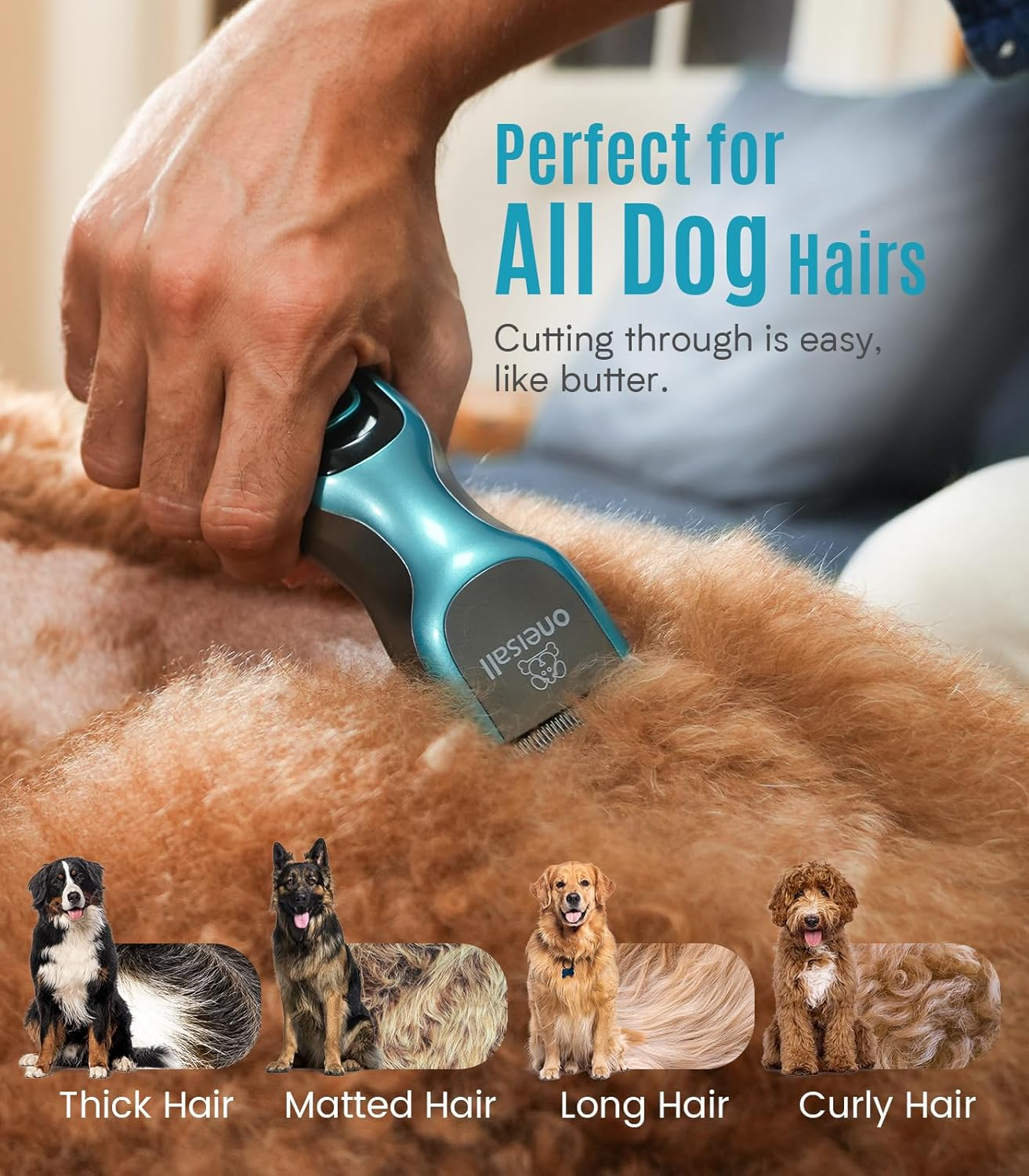 Osoba używająca niebiesko-czarnej maszynki do strzyżenia na sierści psa, ze zdjęciami różnych rodzajów sierści psa.