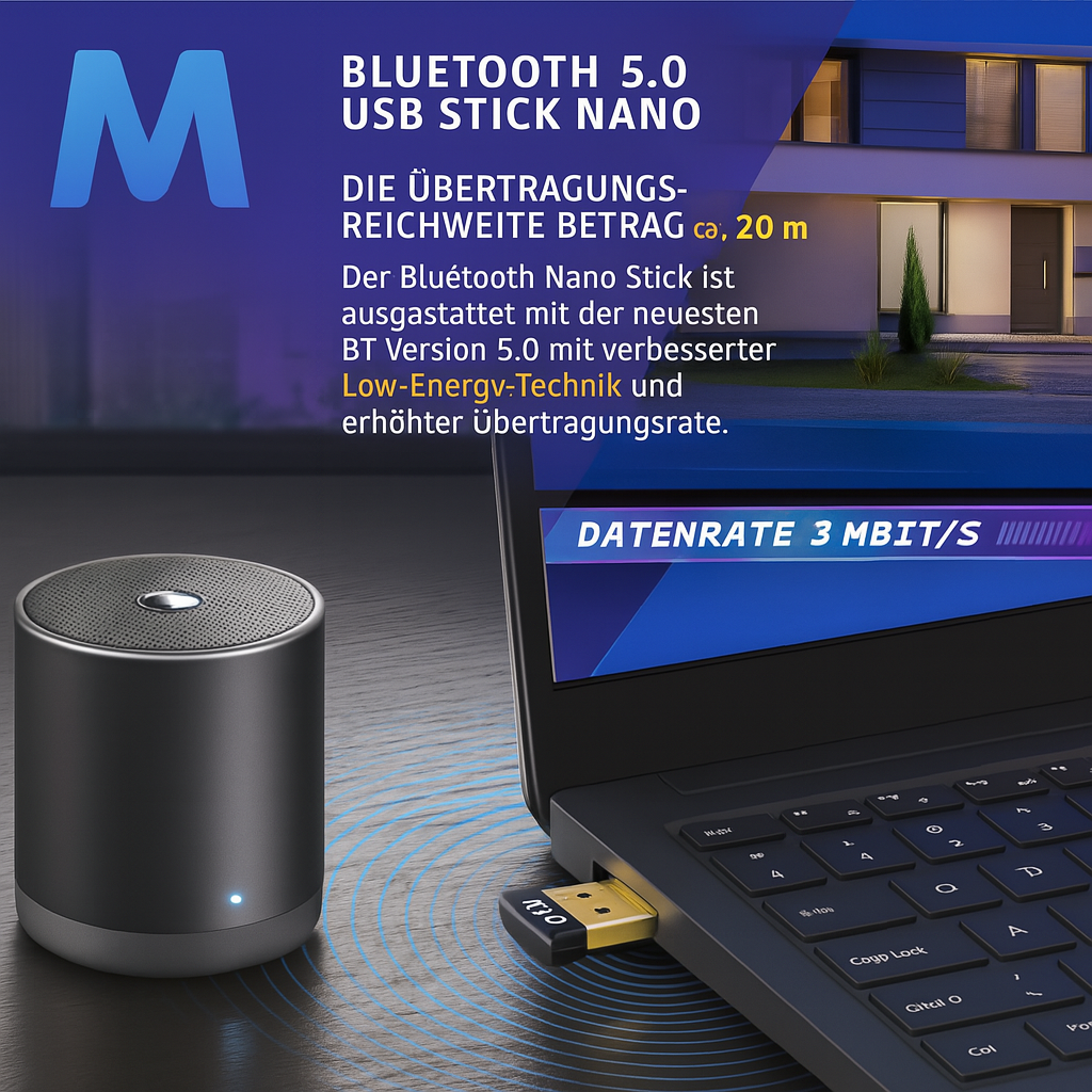 Ein USB-Stick, der mit einem Laptop verbunden ist, mit Text über Datenrate und Übertragungsgeschwindigkeit, neben einem Lautsprecher.