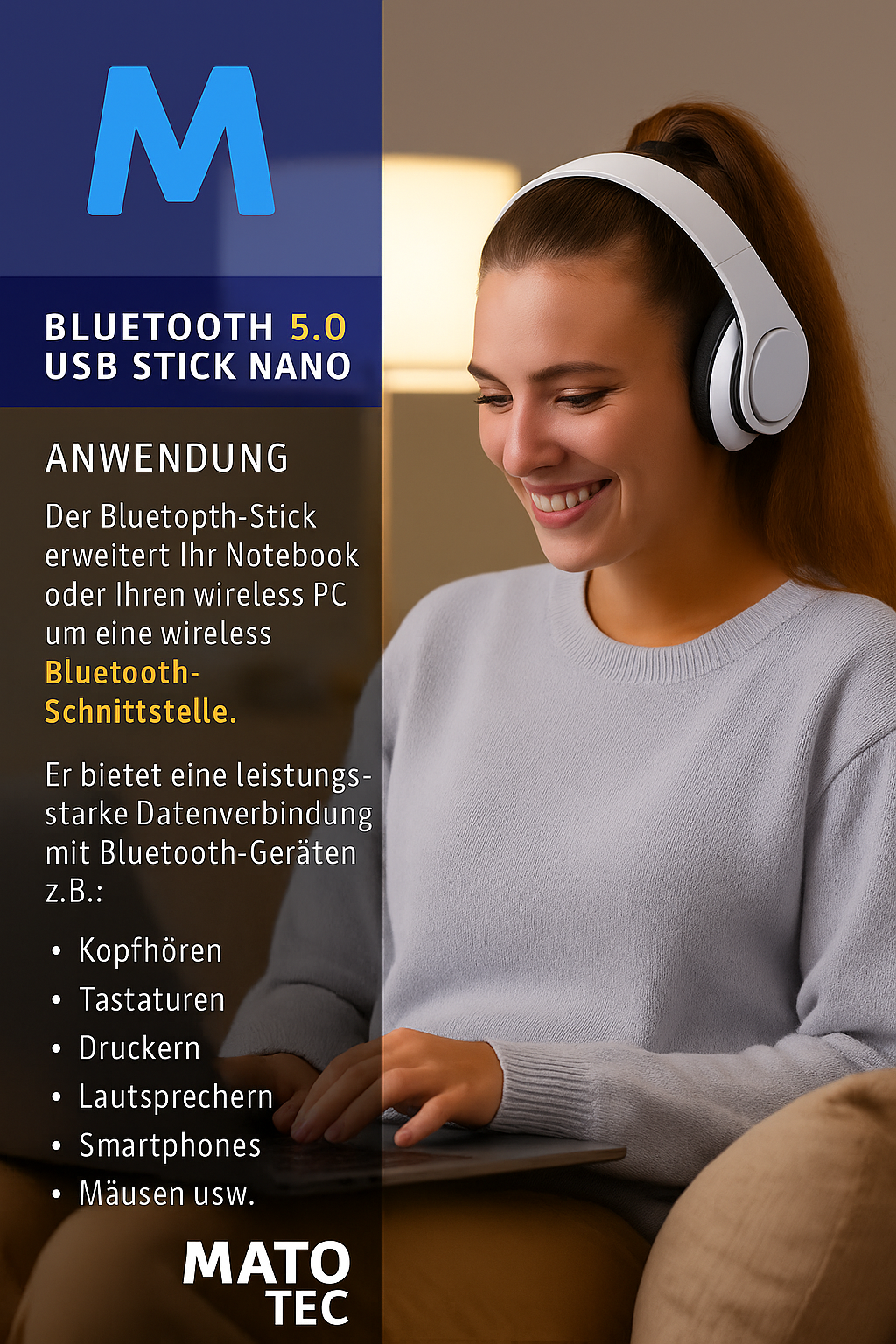 Eine Frau mit Kopfhörern, die einen Laptop mit einem USB-Stick benutzt. Text über Bluetooth 5.0 und seine Anwendungen.