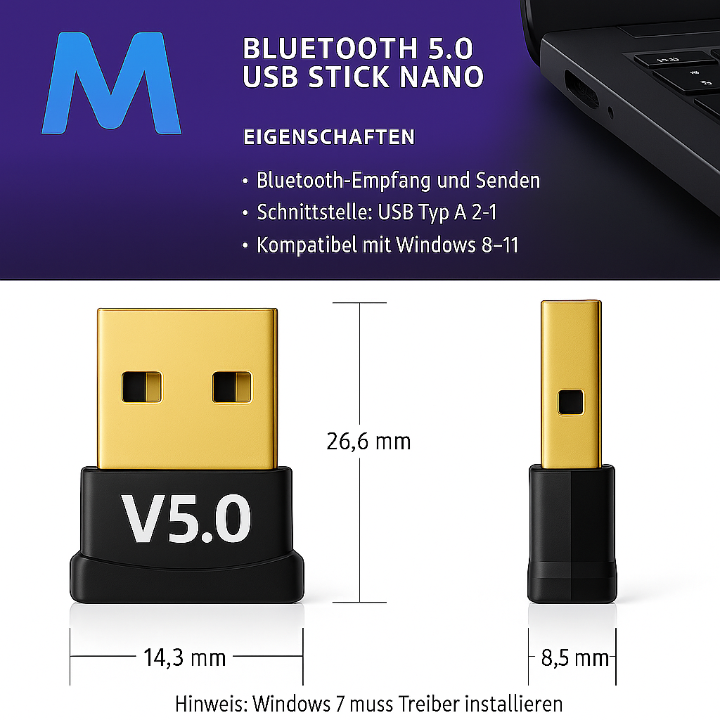 Ein goldener USB-Stick mit schwarzen Akzenten. Der Text 'V5.0' ist darauf gedruckt, mit Spezifikationen und Abmessungen.