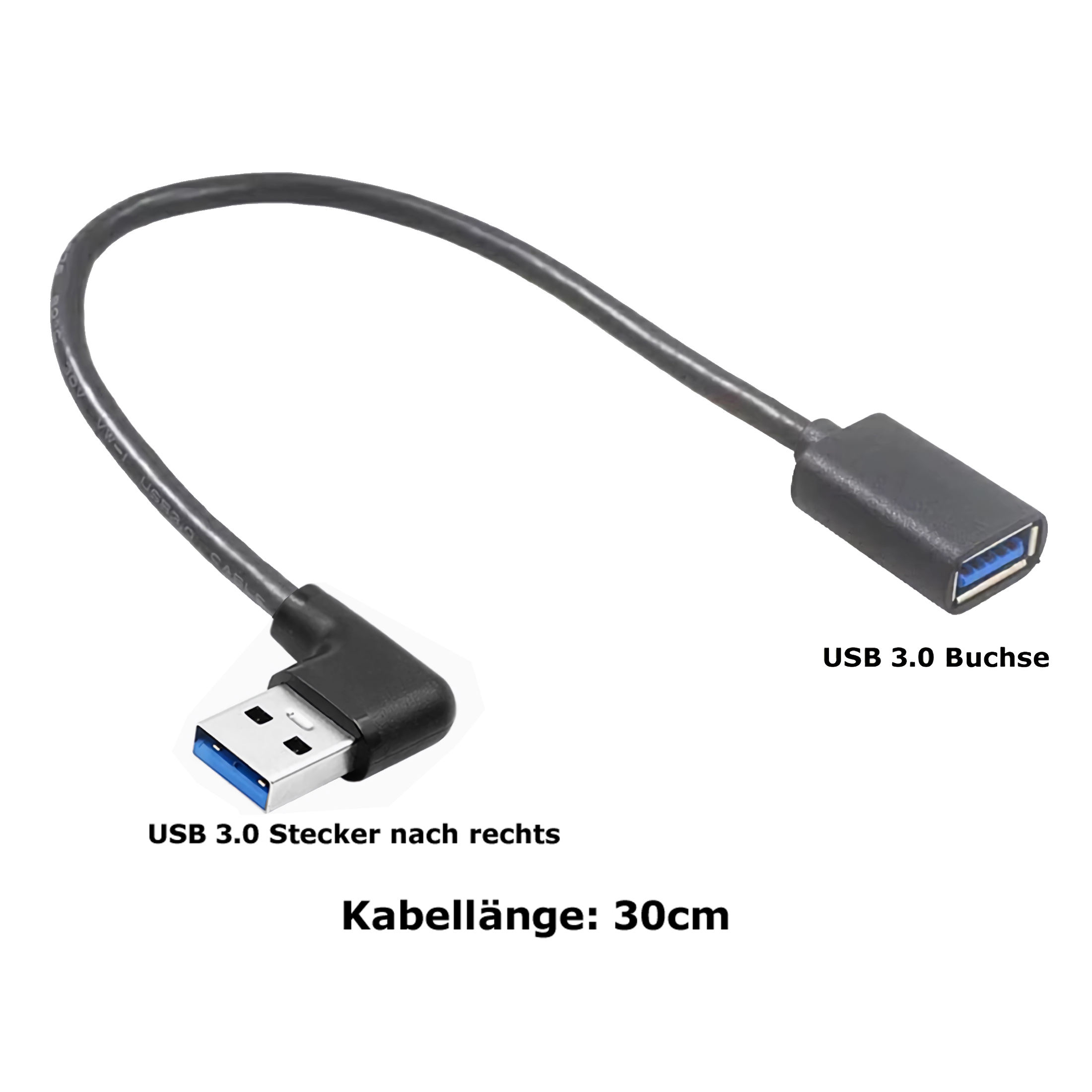 Ein schwarzes USB 3.0-Kabel mit gewinkeltem Stecker und einer USB-Buchse.