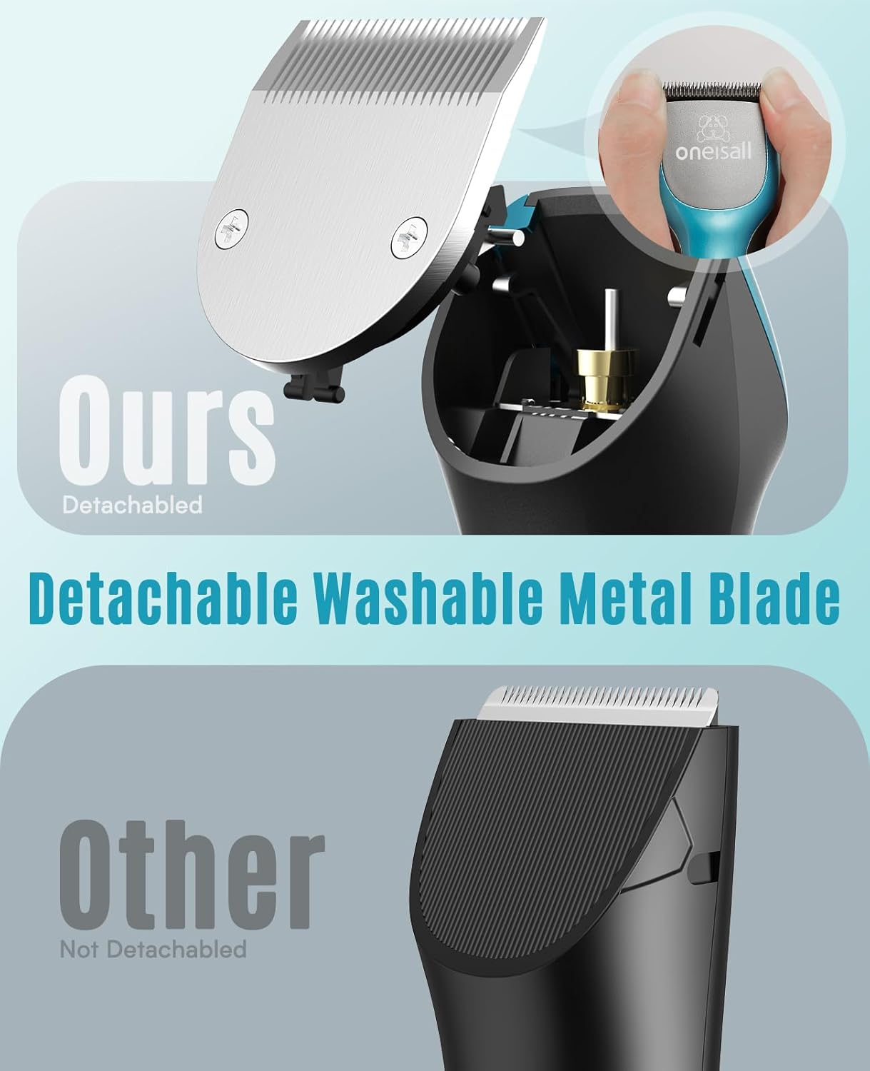 Zbliżenie maszynki do strzyżenia zwierząt z odłączanym ostrzem. Ostrze jest pokazane oddzielnie i zamocowane.