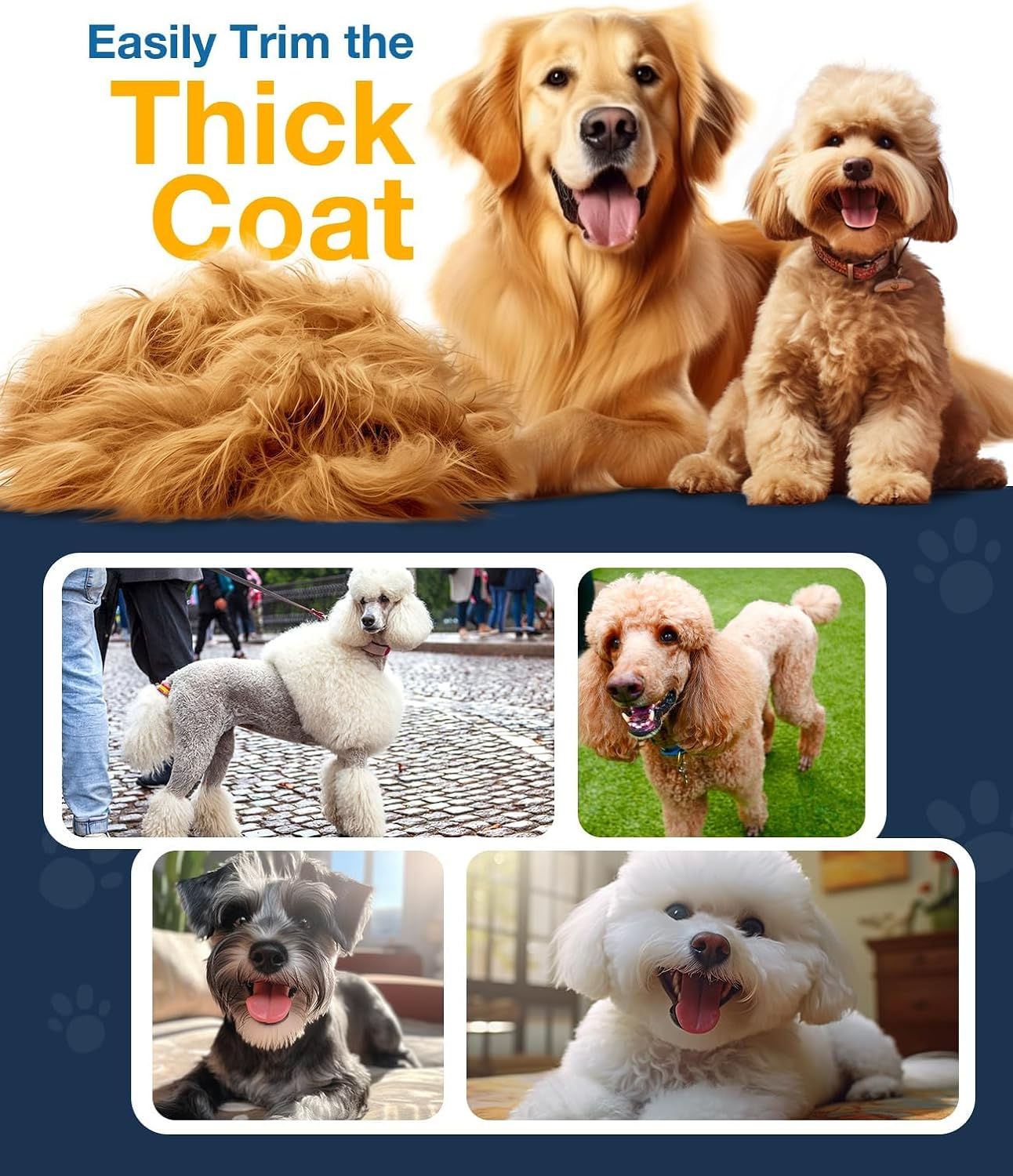 Eine Collage aus Hunden und einem Fellhaufen mit dem Text „Easily Trim the Thick Coat“.