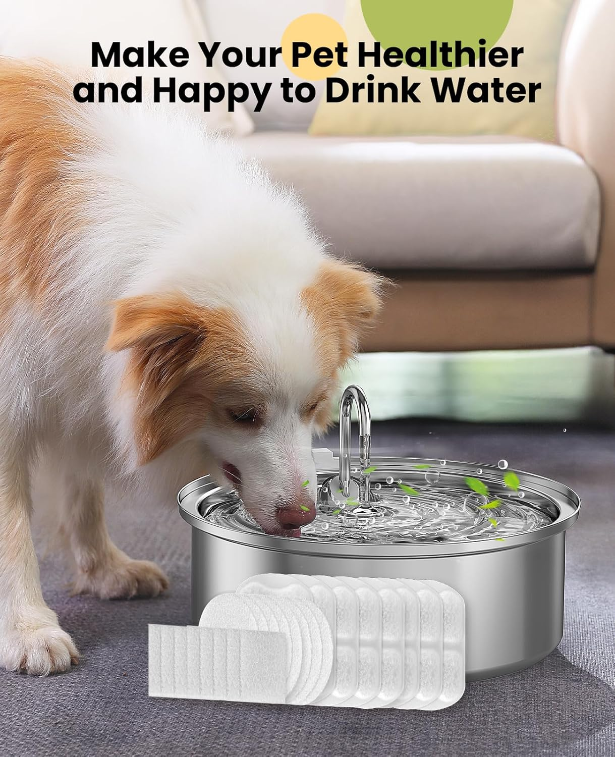 Un perro bebiendo agua de una fuente para mascotas, con los filtros de filtración visibles en primer plano.