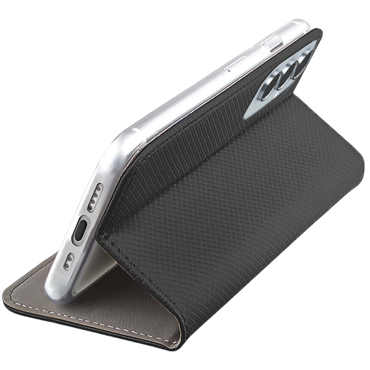 Smartphone in una custodia a libro nera. La custodia è aperta, mostrando il retro del telefono.