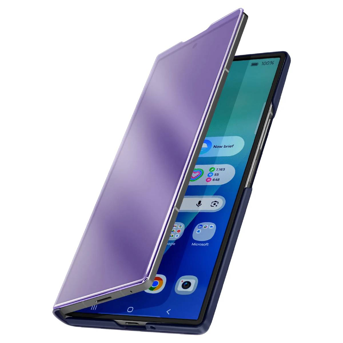 Een smartphone met een paarse flip case. De case is open en toont het telefoonscherm. Iconen zijn zichtbaar.