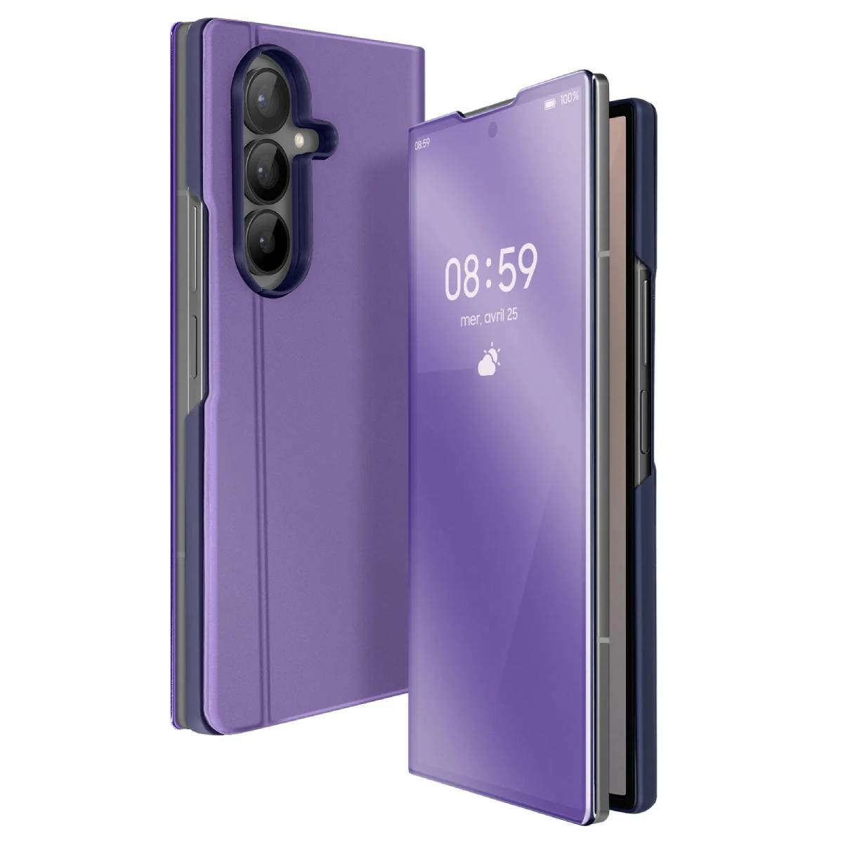 Een paarse telefoonhoes. Een telefoon is gedeeltelijk zichtbaar en toont de tijd als 08:59.