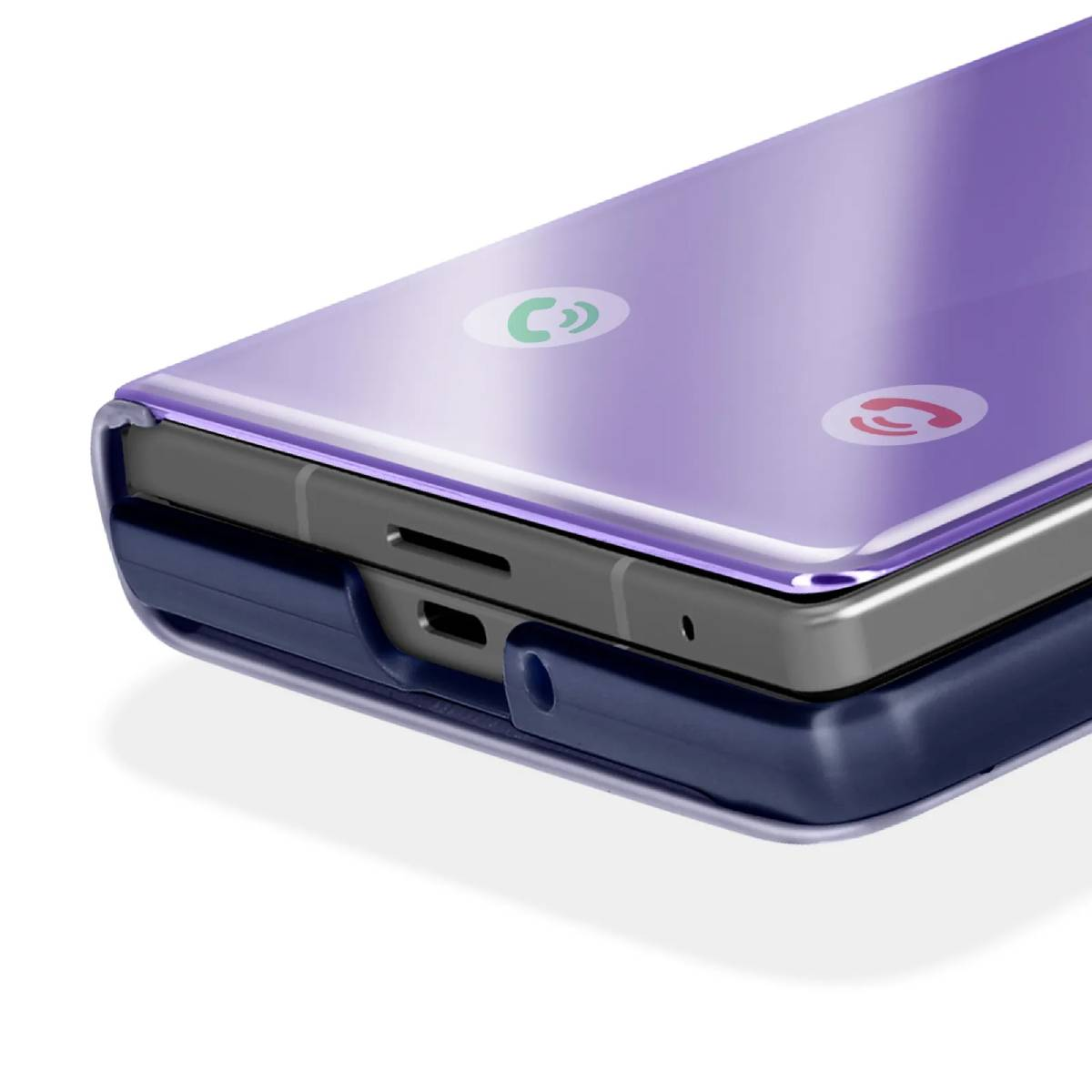 Smartphonehoesje met paars spiegelachtig oppervlak, met de onderkant. Het scherm van de telefoon is zichtbaar.