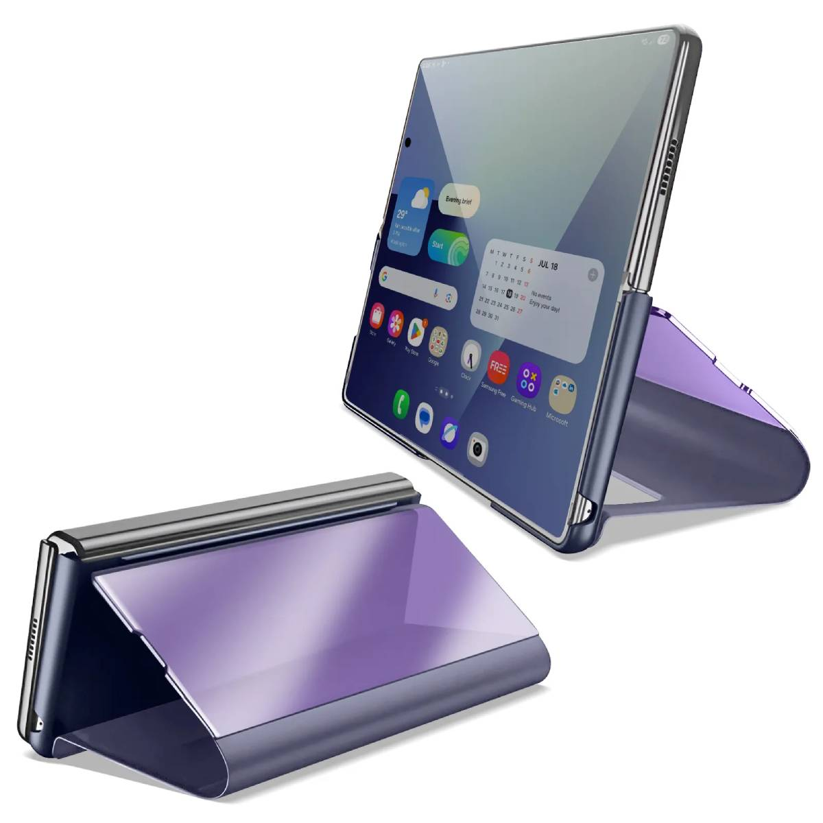 Smartphone met paarse flip case, open, op een standaard. Het scherm toont app-iconen en de datum.