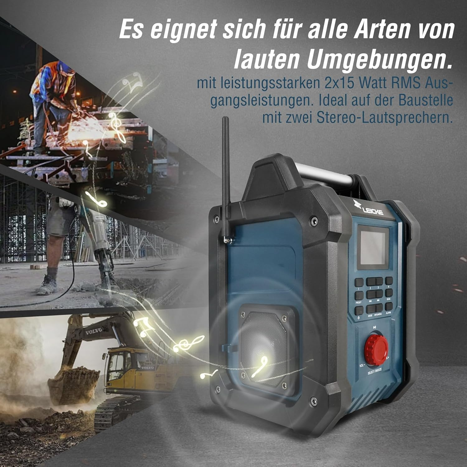 Scena di cantiere con una radio. Sono visibili operai e macchinari pesanti.