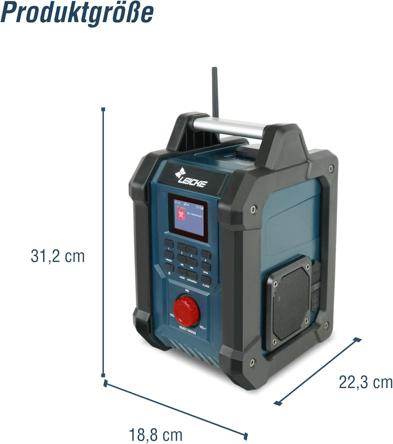 Una radio blu e nera con dimensioni etichettate. Ha uno schermo e dei pulsanti.