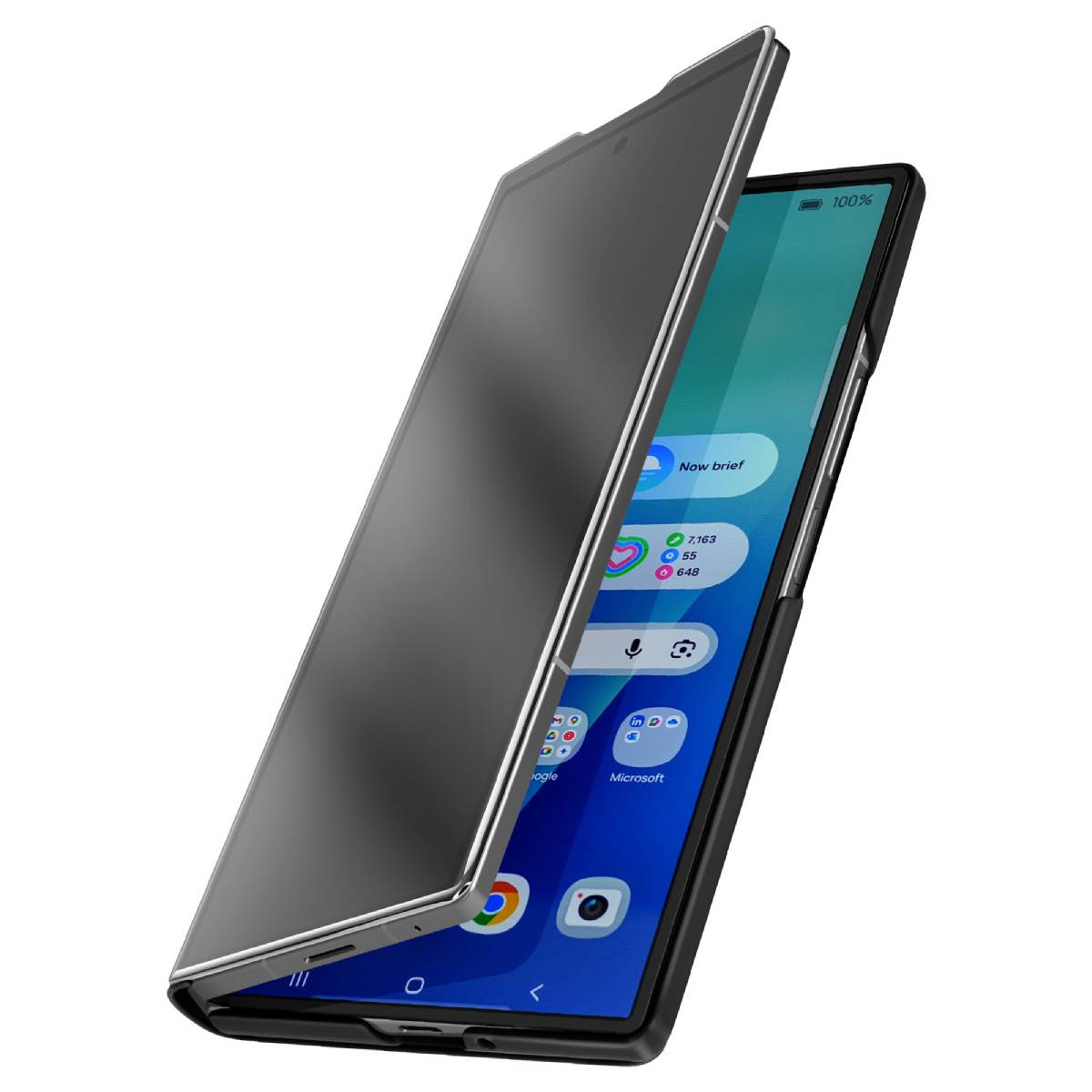 Een telefoon met een donkere schermbeschermer. Het scherm toont apps en meldingen.