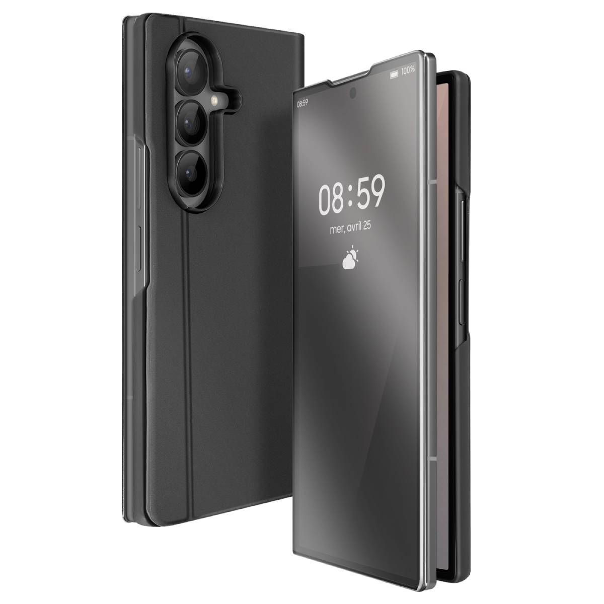 Een zwarte telefoonhoes met een scherm dat de tijd weergeeft. De telefoon is open.