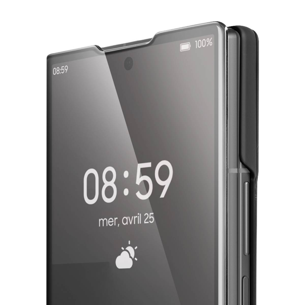 Close-up van een telefoonscherm met tijd- en weerinfo. Het scherm is zwart.