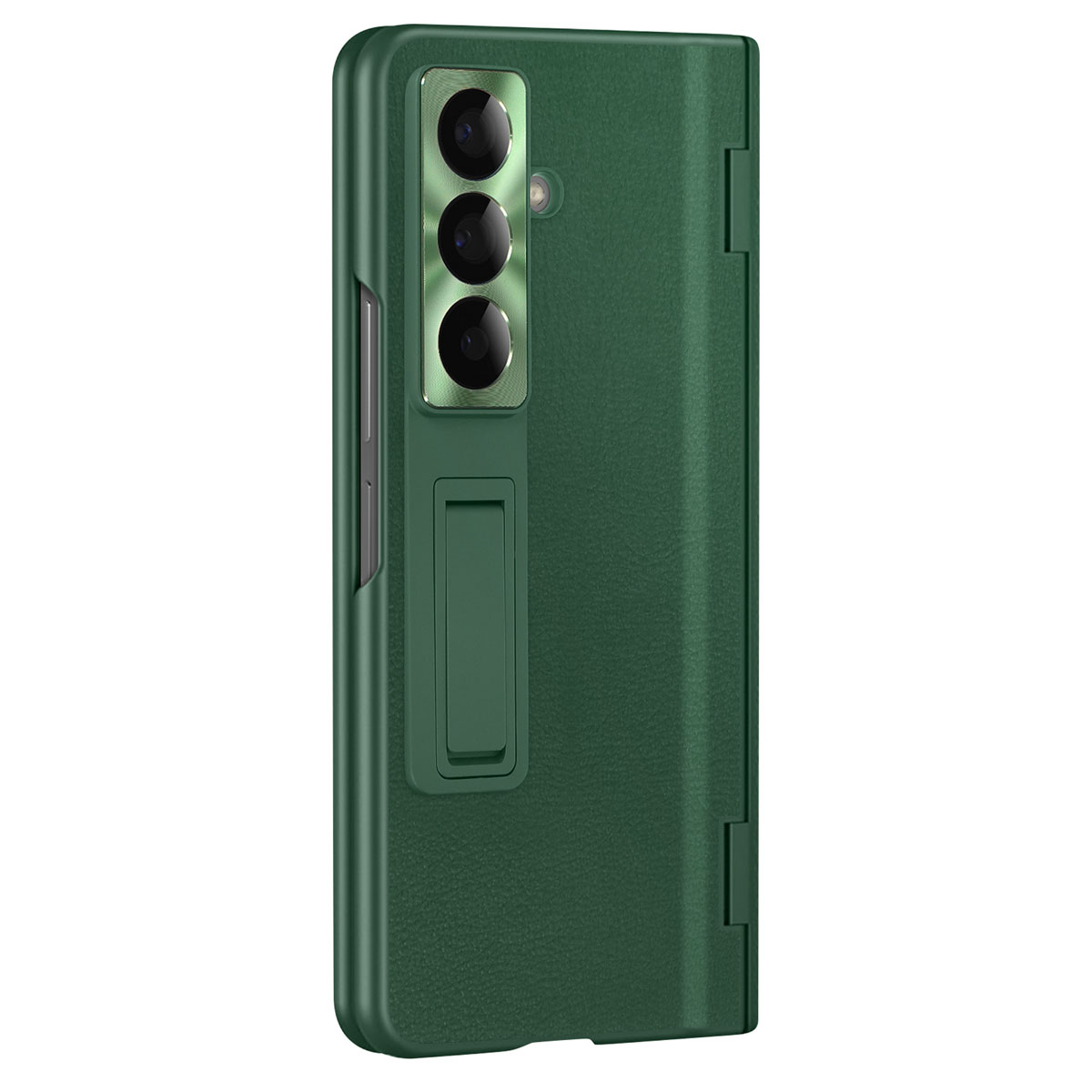 Custodia verde per telefono con telefono e cavalletto. Il telefono ha tre fotocamere. La custodia è chiusa.
