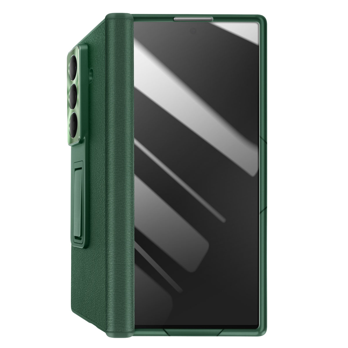 Custodia verde per telefono con un telefono all'interno. La custodia è aperta e ha un supporto. Il telefono ha tre fotocamere.