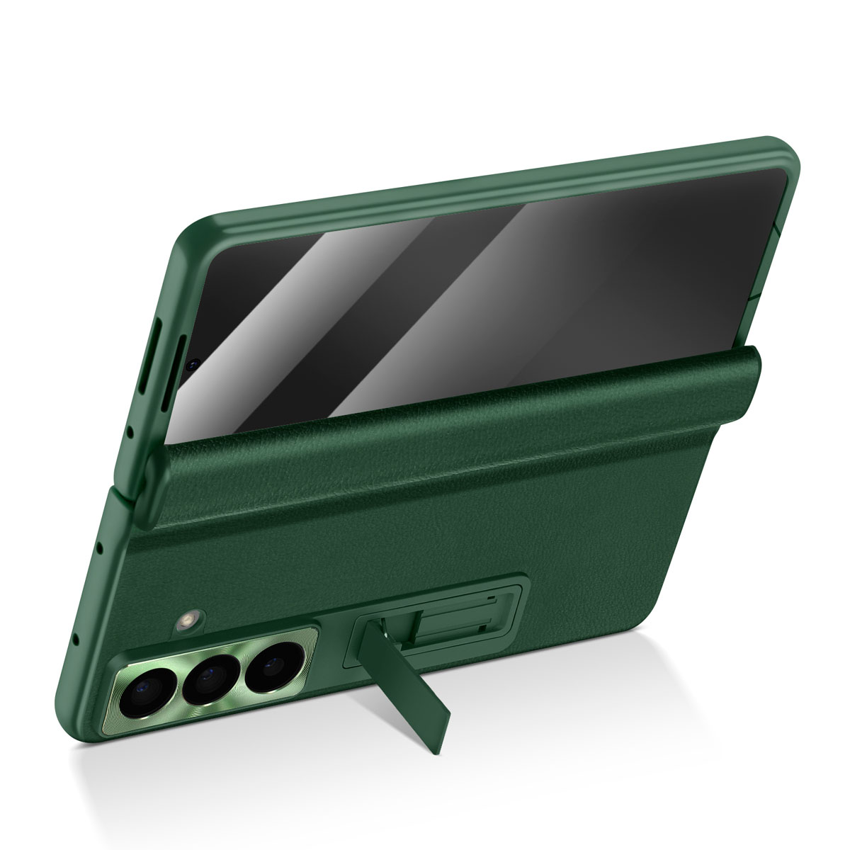 Custodia verde per telefono con telefono e cavalletto. Il telefono ha tre fotocamere. La custodia è aperta.
