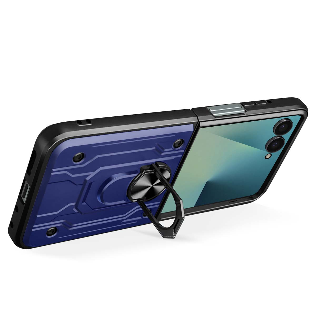 Custodia blu per telefono con supporto ad anello. Il telefono è aperto, mostrando lo schermo. La custodia ha un anello.