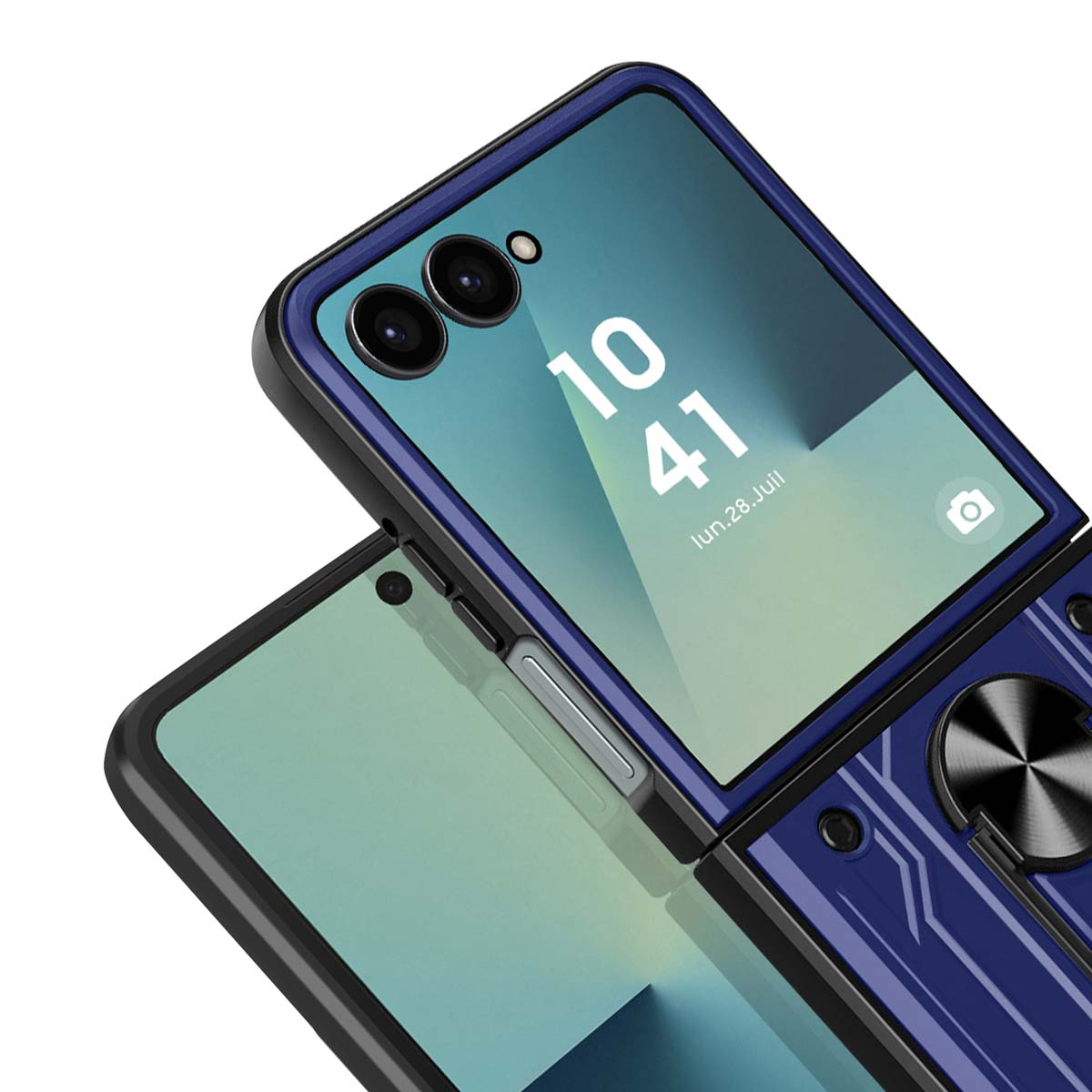 Una custodia per telefono con un telefono pieghevole. Lo schermo mostra l'ora. La custodia è blu e ha un supporto ad anello.