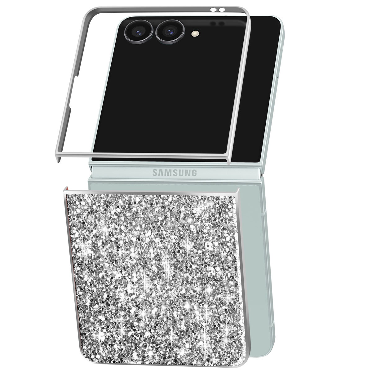Téléphone pliable dans un étui au design scintillant. Le téléphone est ouvert. L'étui a une texture de paillettes argentées.