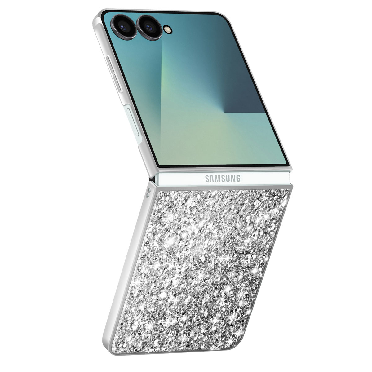 Téléphone pliable dans un étui au design scintillant. Le téléphone est ouvert. L'étui a une texture de paillettes argentées.