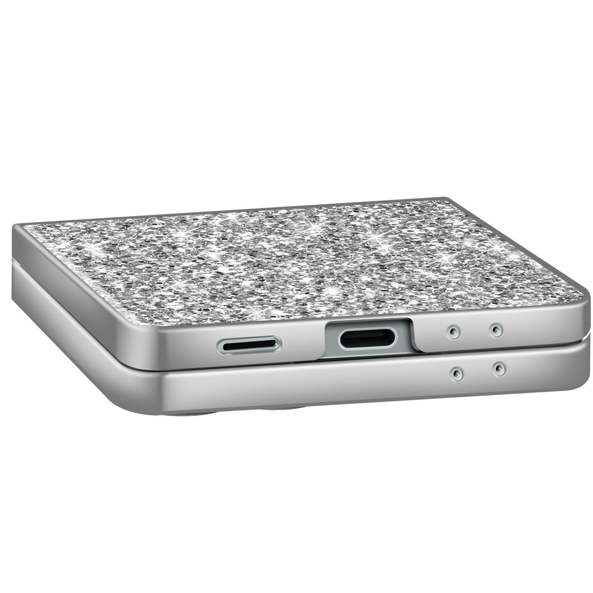 Téléphone plié dans une coque argentée. Design à paillettes. La partie supérieure est l'écran.
