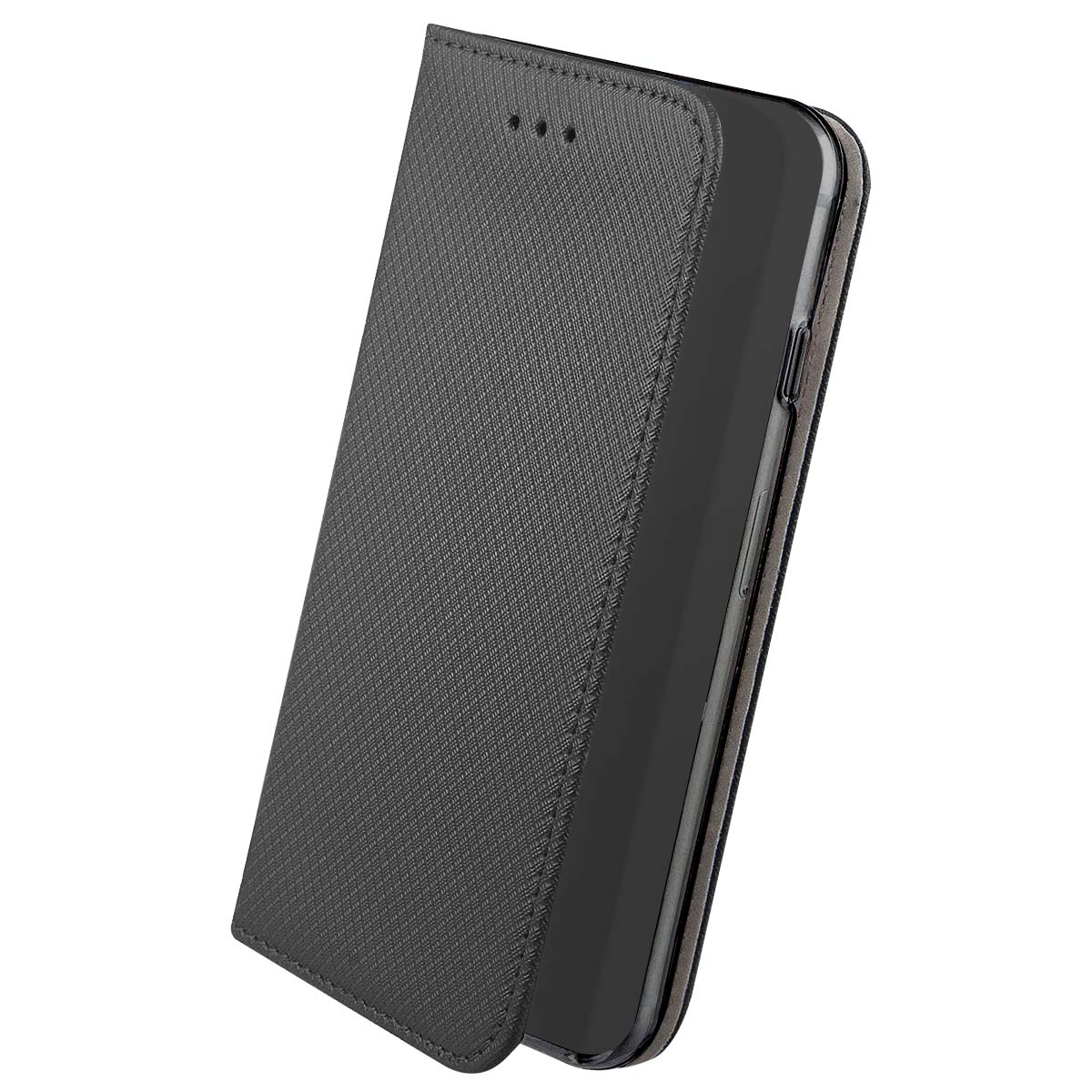 Custodia nera per telefono, aperta, con rivestimento strutturato. Il telefono è parzialmente visibile.