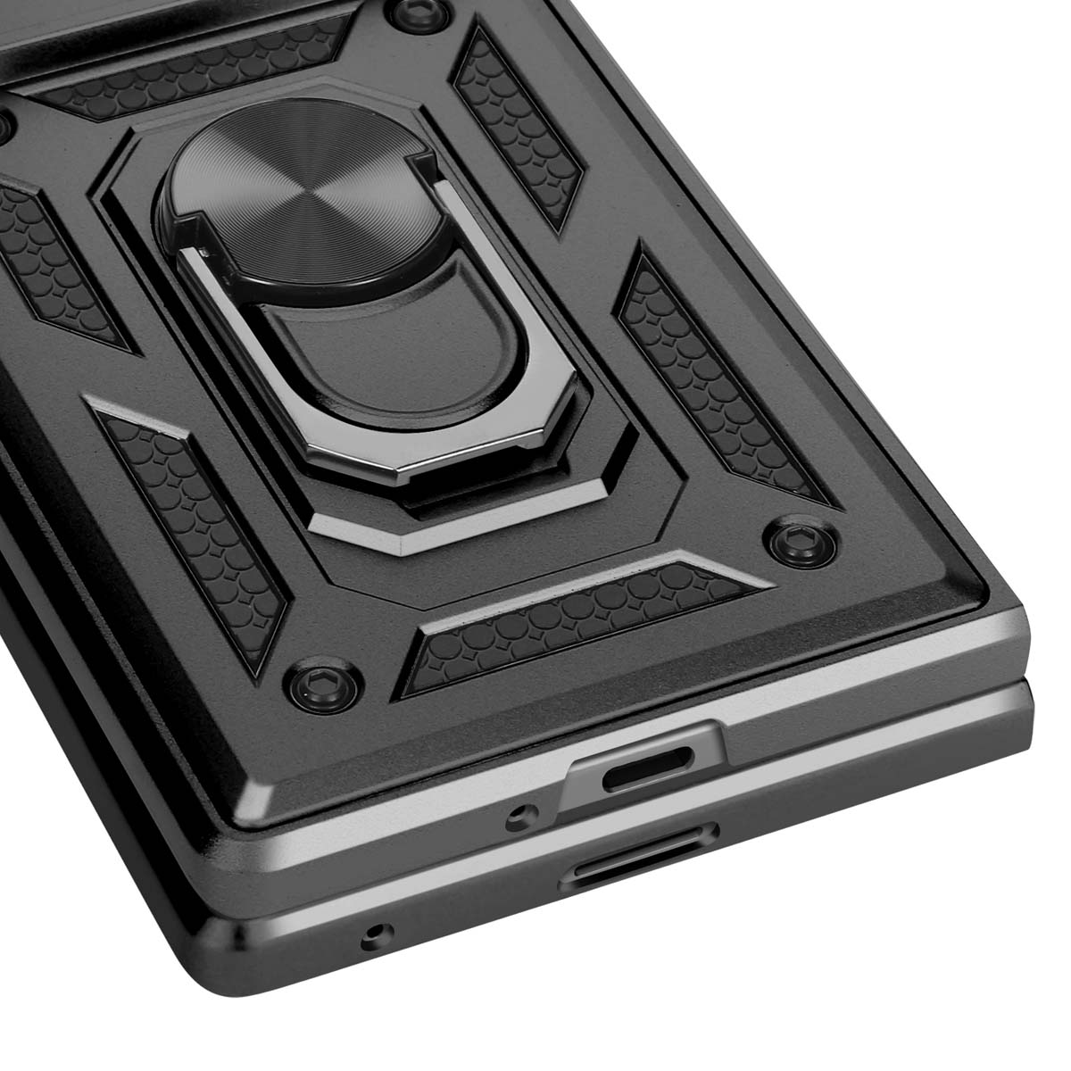 Close-up van een zwarte telefoonhoes. Ringhouder en andere details zichtbaar. Donkergrijs.