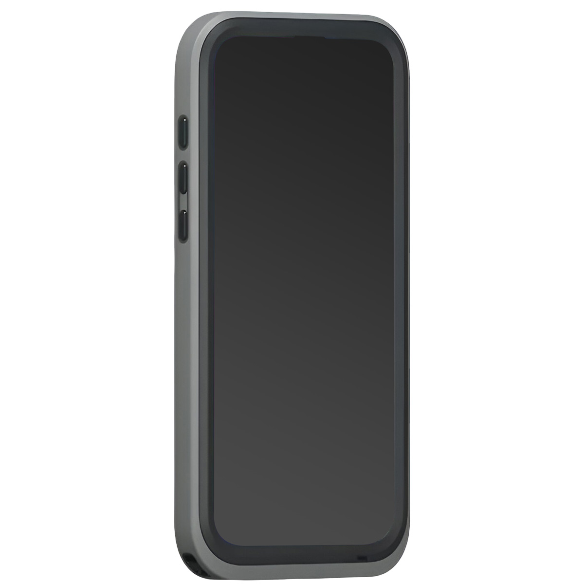 Custodia grigio scuro per telefono, con schermo. La custodia ha pulsanti laterali.