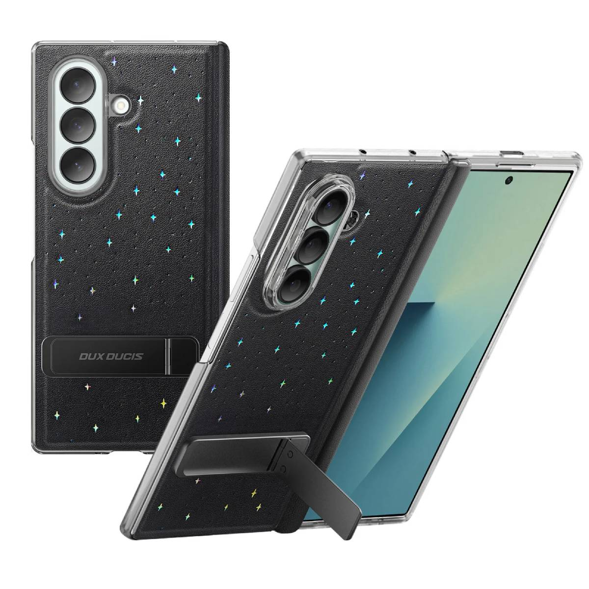 Custodia nera per telefono con supporto. Ha un motivo a stelle e un display trasparente del telefono.