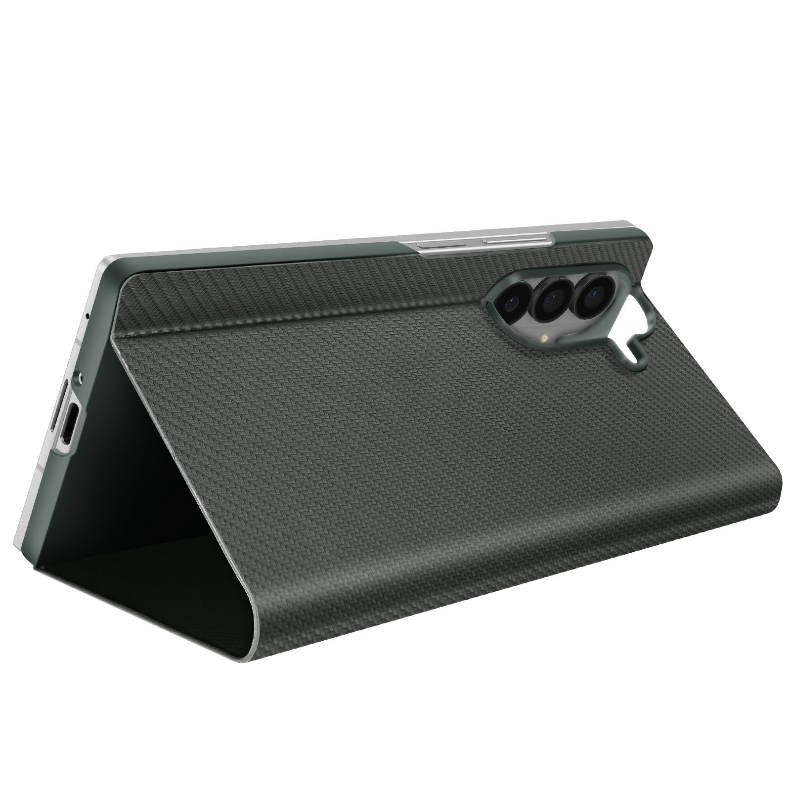 Een zwarte telefoonhoes met een textuurpatroon, schuin, met een telefoon erin.