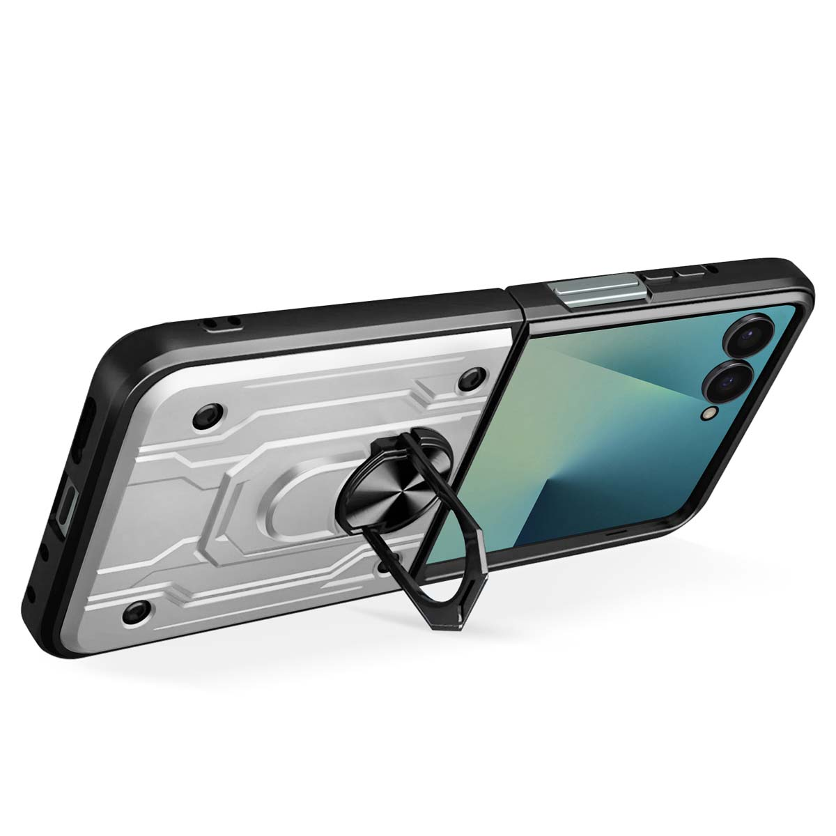 Telefono pieghevole argento e nero, parzialmente aperto, con un supporto ad anello. Su superficie bianca.