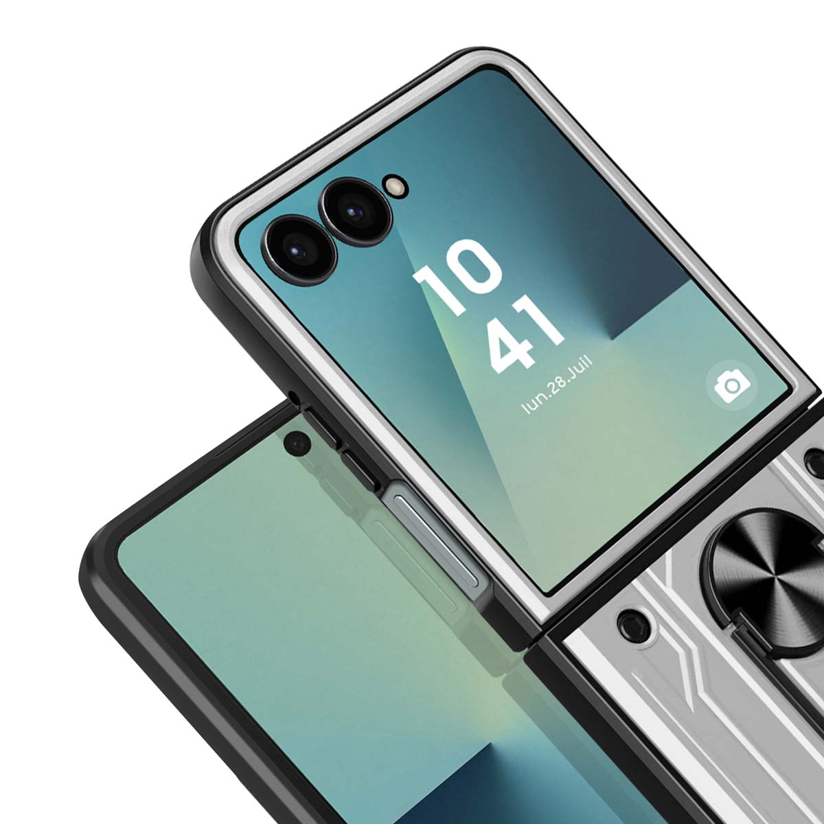 Un primo piano di un telefono piegato che mostra l'ora e la data.