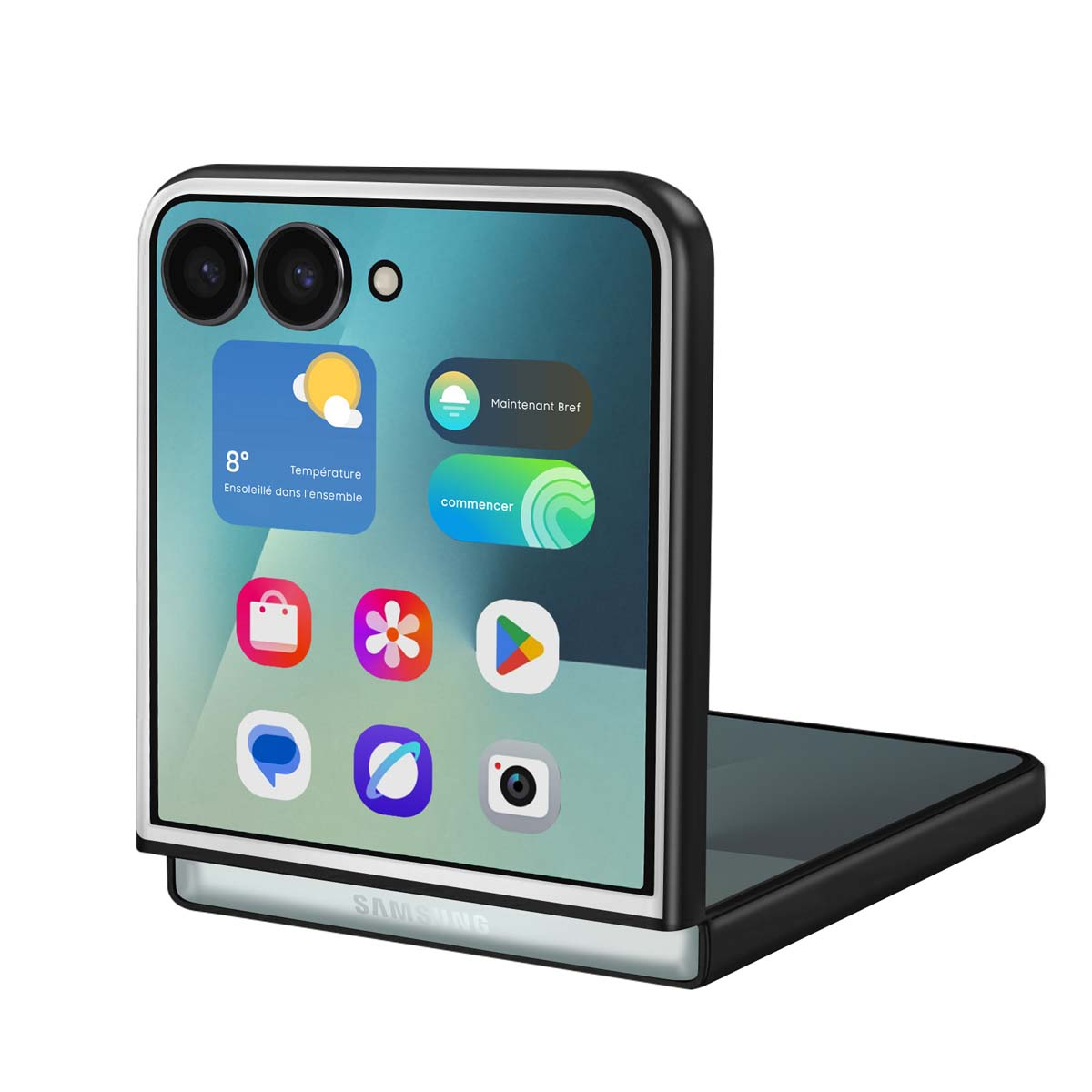 Un telefono pieghevole nero e argento aperto, che mostra uno schermo colorato con app.