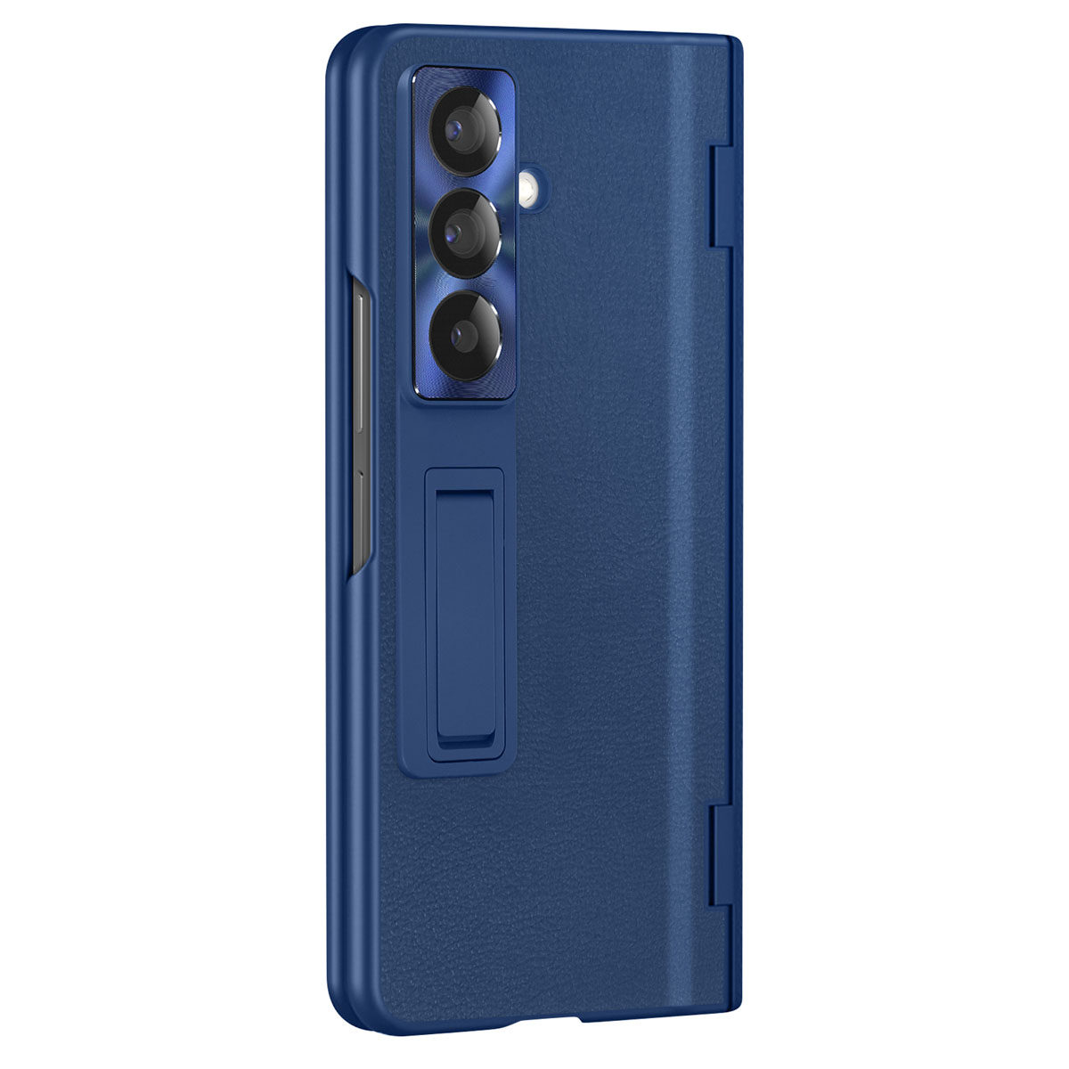 Custodia per telefono blu, con supporto. Il telefono è inserito, il supporto è aperto.