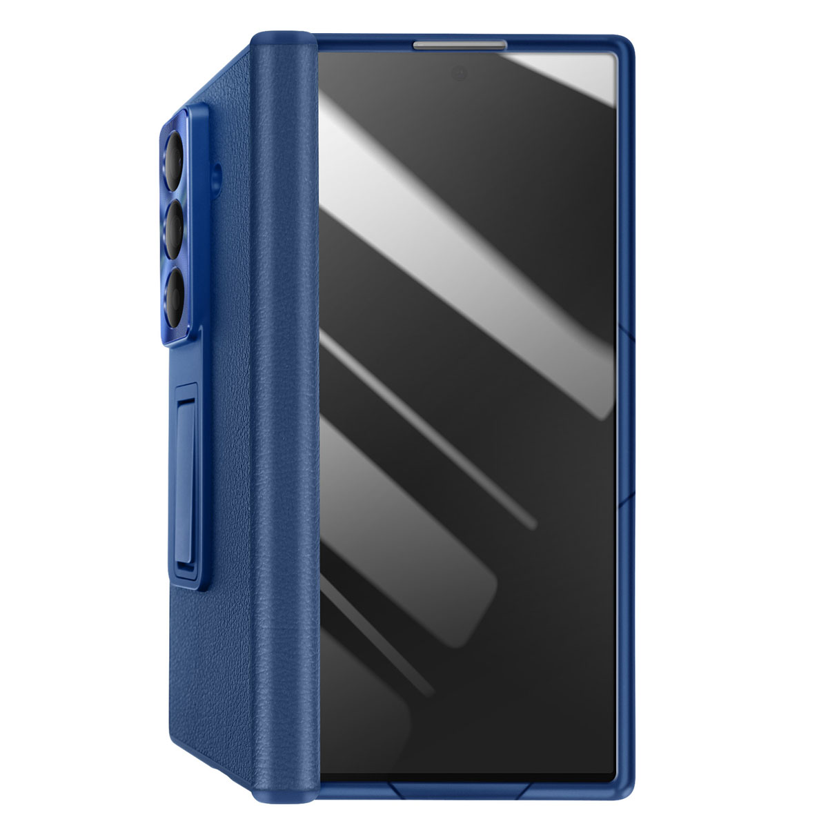 Una custodia blu con supporto, che tiene un telefono aperto con uno schermo lucido.
