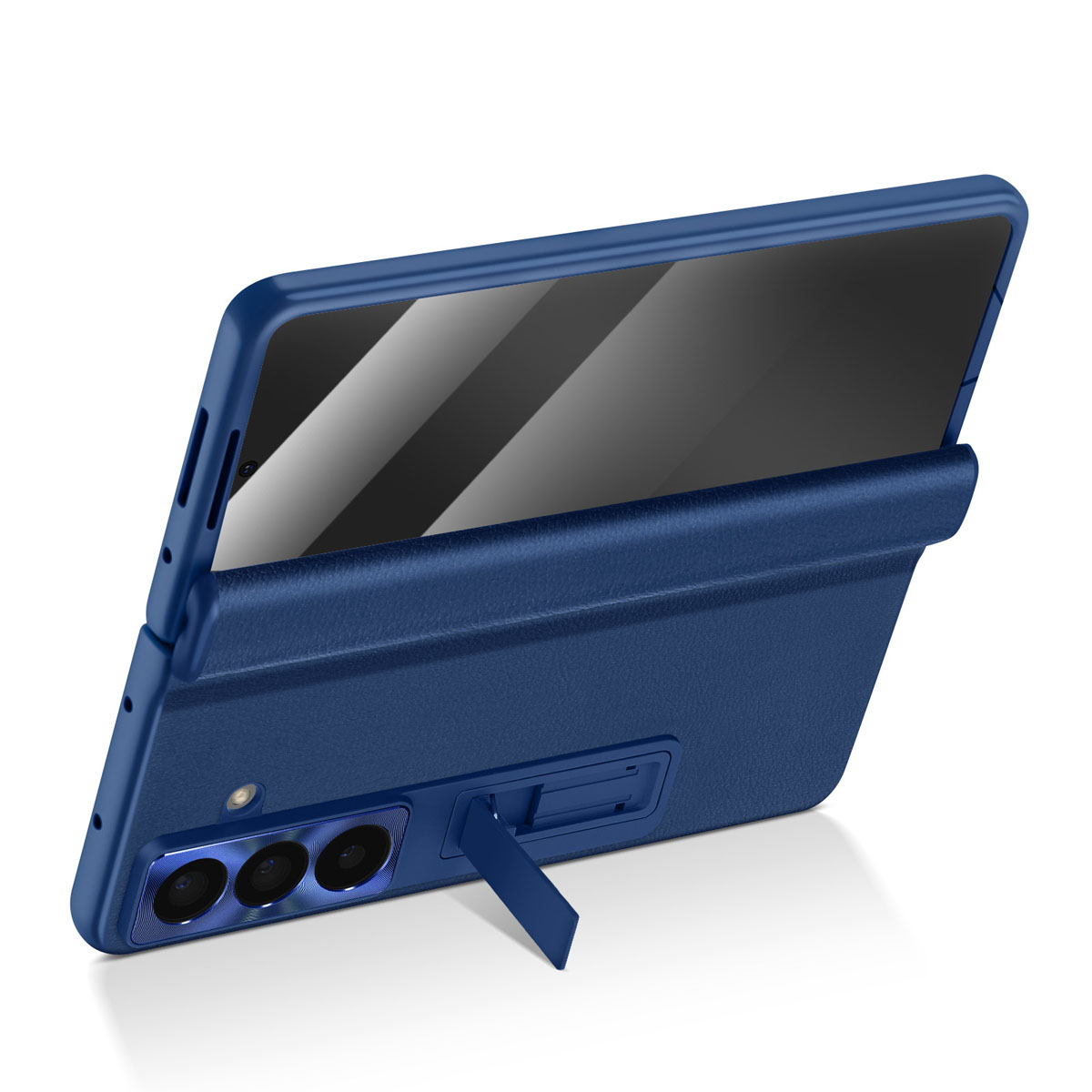 Una custodia blu con supporto, che tiene un telefono aperto con lo schermo visibile.