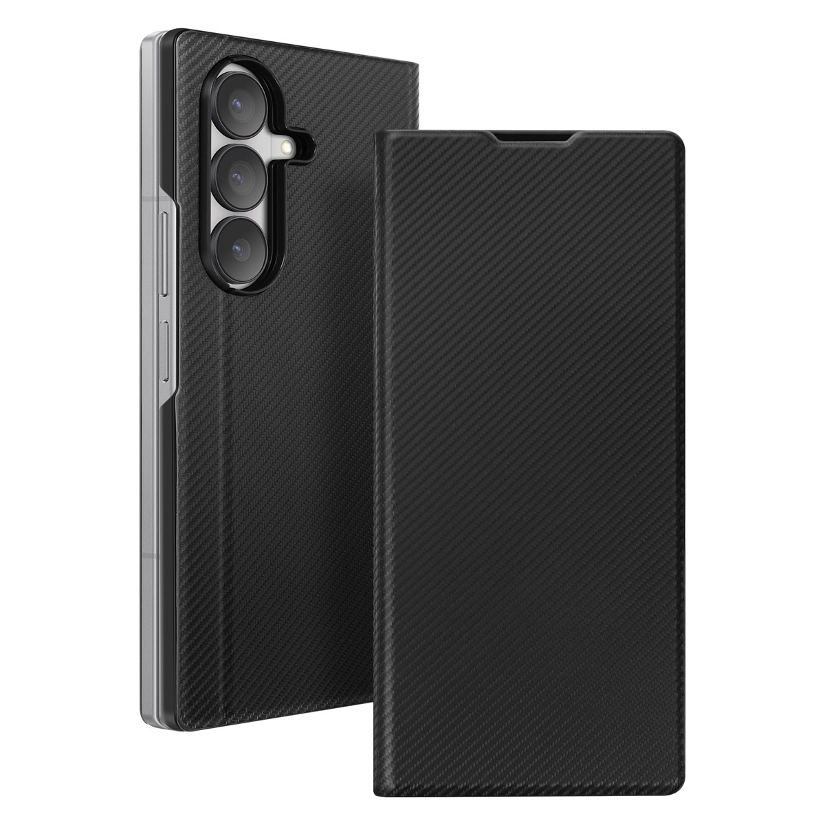 Zwarte telefoonhoes met een koolstofvezeltextuur. De hoes heeft een open te klappen klep.